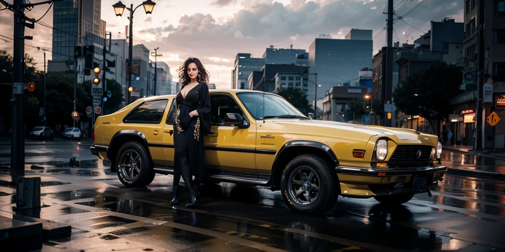 A charismatic woman standing next to a yellow car on a city street, fashion shoot 8k, 8k octan advertising photo, 4k fashion shoot, cover shot, promo shot, high - end fashion photoshoot, automotive photography, 4k post, 4 k post, portrait shot, 4 k editorial photograph, 7 0 mm. dramatic lighting, auto photography, photoshoot