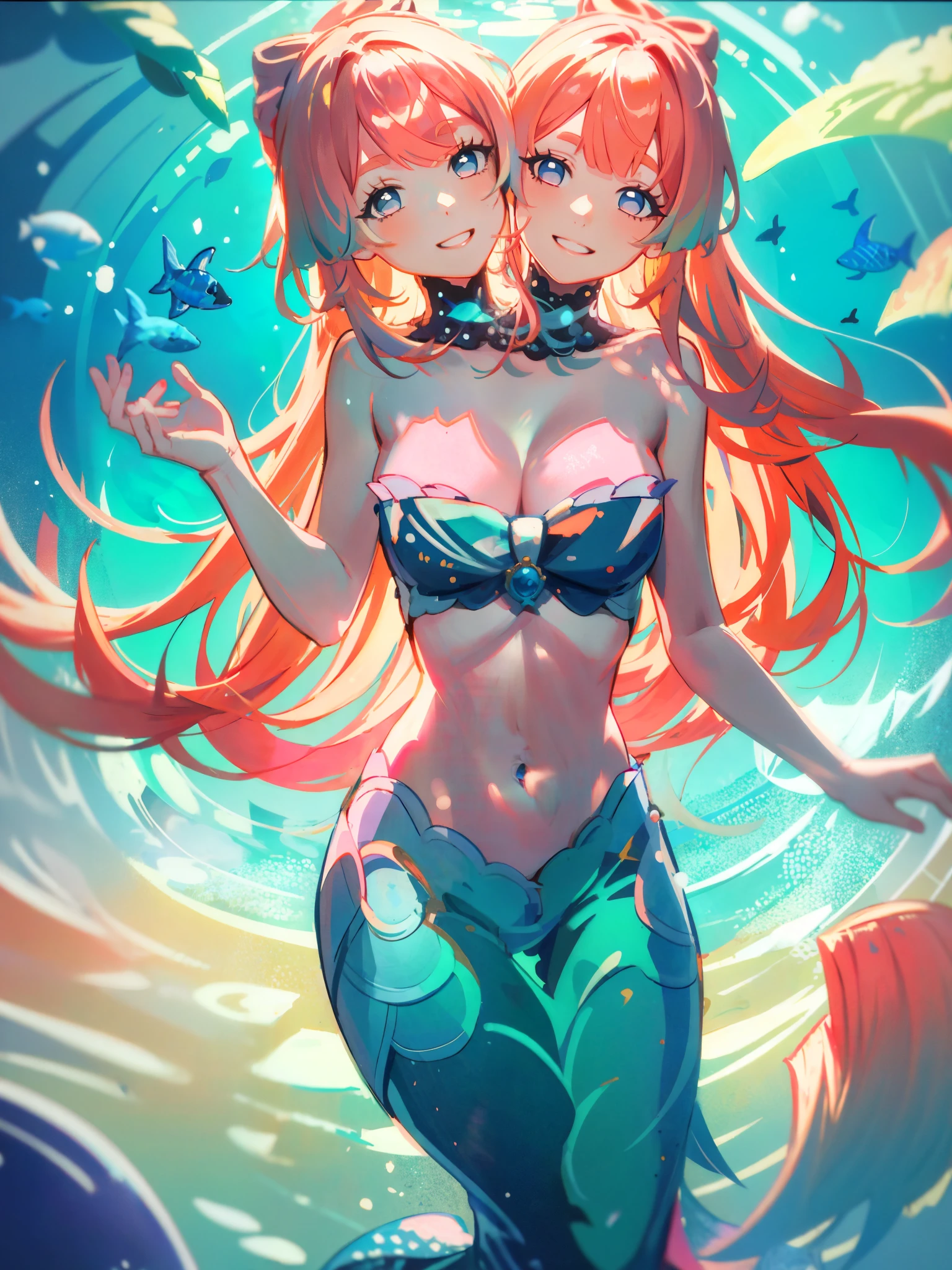 (masterpiece, best quality), best resolution, (2heads:1.5), 1girl, kokomi character, pink hair, mermaid, happy, different facial expressions, winking, mouth open, mouth closed, smiling, orange hair, blue eyes, underwater, fish swimming around