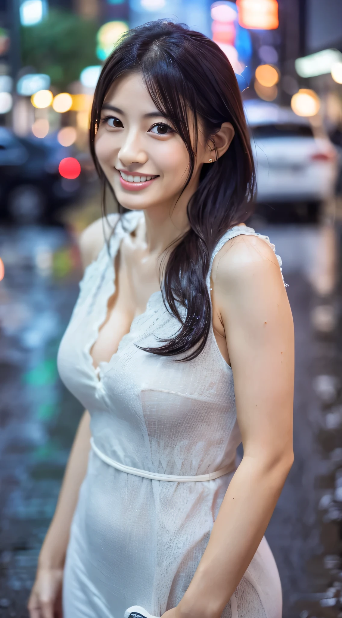 Highest resolution, 4K, Masterpiece: 1.3), A Japanese milf, photo of one lady, Sexy: 1.1, fine eyes, Slender figure, Realistic teeth, double eyelids, full body, best quality, detailed, beauty, a married woman, at the city, wet skin, rain