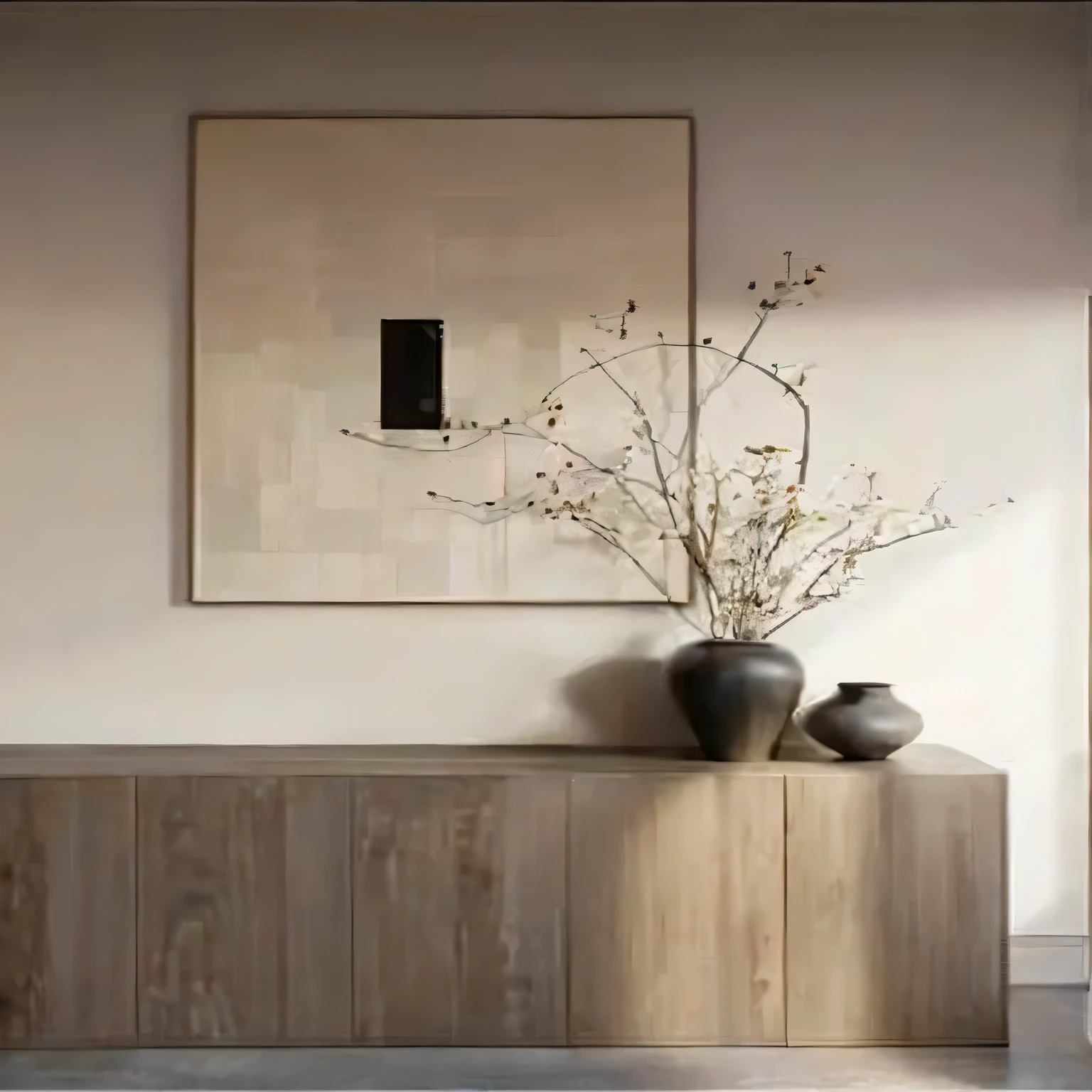 Close-up of vase with fresh flowers on wooden table, Modern earth tones neutral earth tones, Beige and dark atmosphere, Wood wall with framed art, and beautiful, subtle earthy tones, Pastel colors and minimalism, Dark and beige atmosphere, wood cabinets, placed in a living room, Natural pastel tones, inspired by Constantin Hansen, inspired by David Chipperfield