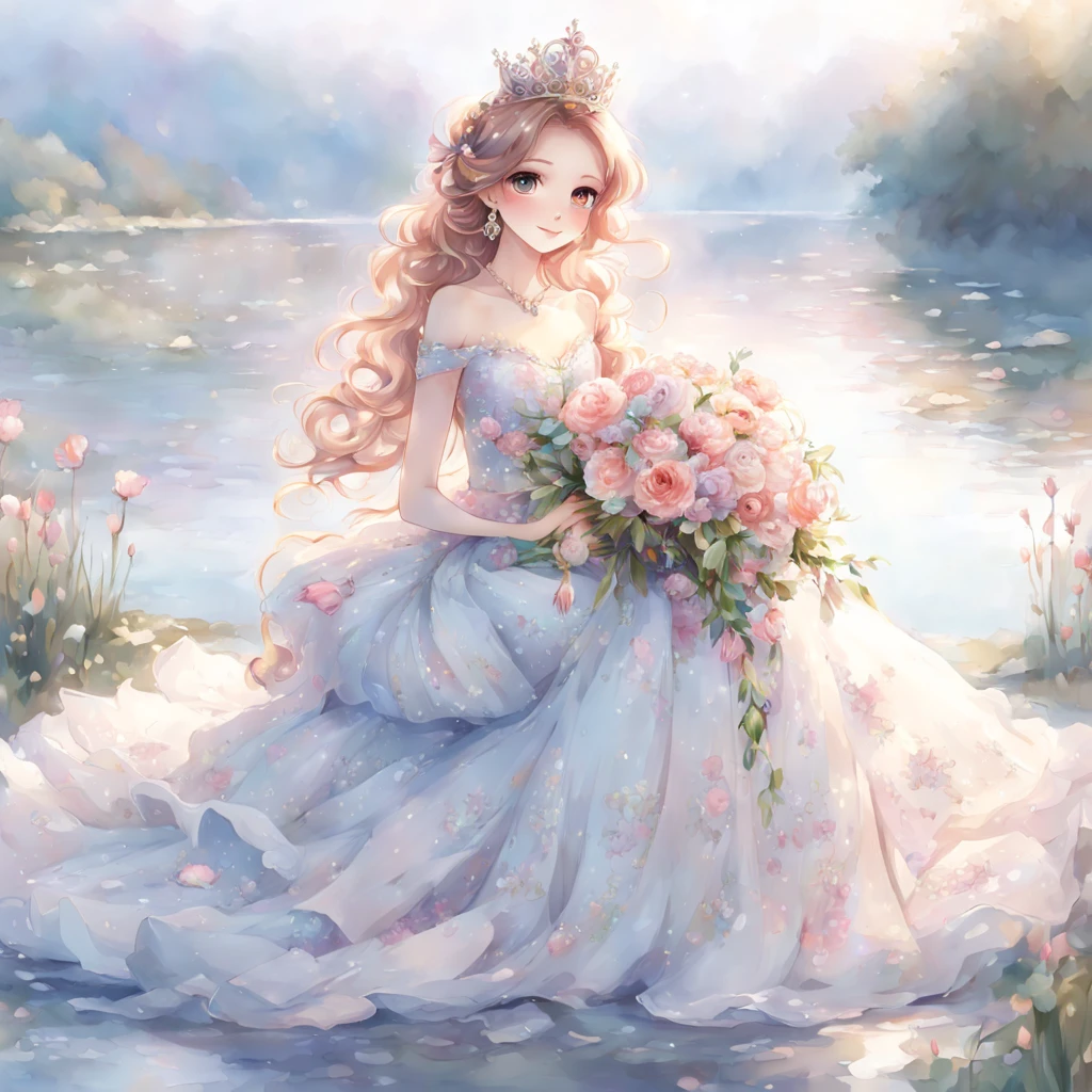 princess,(((Full body)))，tiara and bouquet，long-one-piece dress,big lake background.Detailed Schneider Pastel Ink, soft and fantastic, Fluffy, (extremely fine and beautiful), (Perfect Detail)、(pastel color),Soft texture:1.2.(masutepiece, Best Quality), (finely detailed beautiful eye), (finely detailed eyes and detailed face),（Silky dark red hair), The hue is also noticeably brighter.Pale blurry silhouette，Surrounded by many flowers,girl birthday day. gorgeous decoration, Flowers, and many々gather to celebrate. Only one day a year can a girl be the star of the show, Like a princess.fine brushes, Rough, detailed watercolour, soft and fantastic, pastel, Fluffy, (extremely fine and beautiful), (perfect detail)、(pastel color),Soft texture:1.2.(masutepiece, Best Quality), (finely detailed beautiful eye), (finely detailed eyes and detailed face),The tones are also visibly luminous.Pale blurred contours