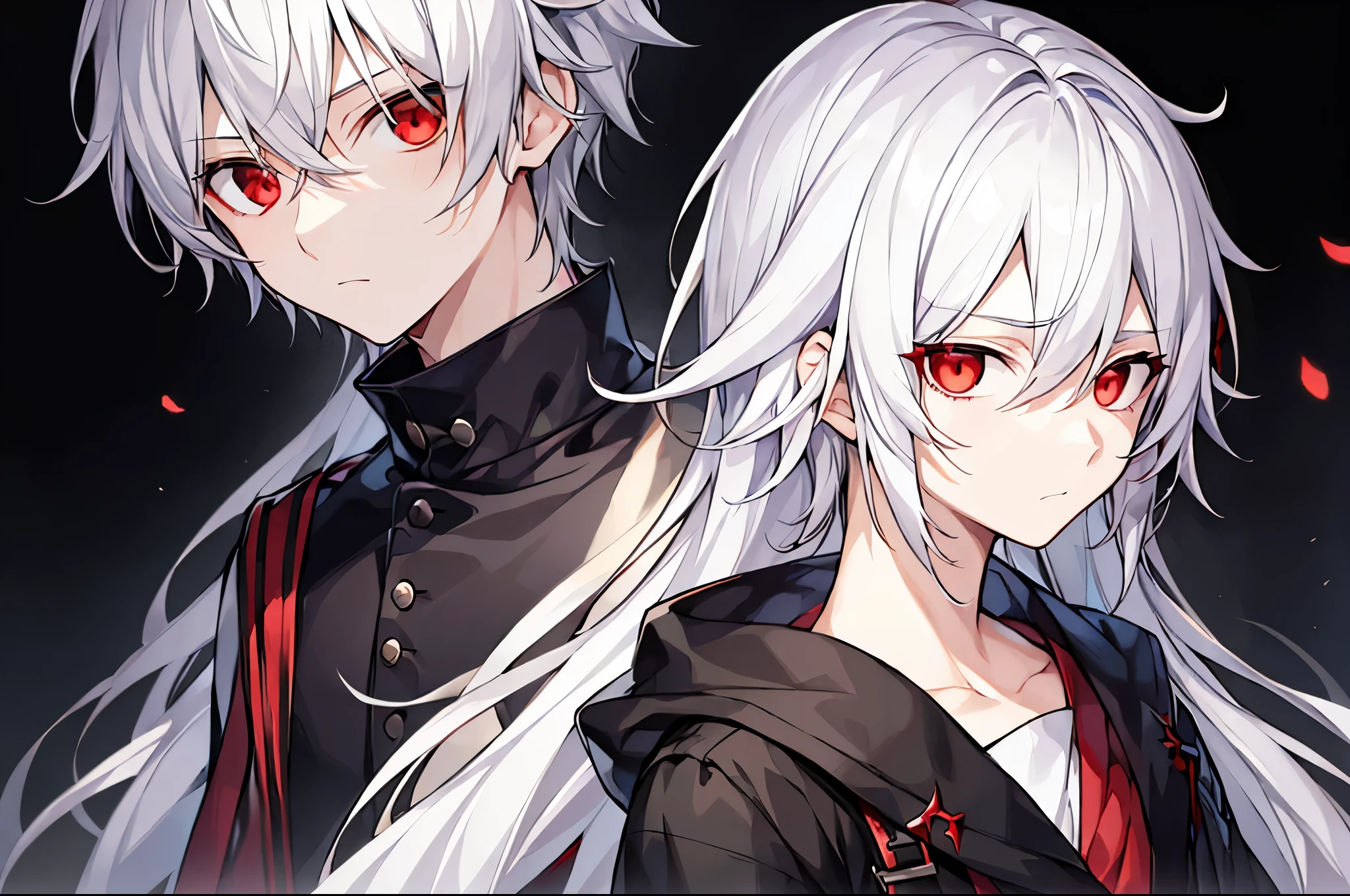 1boy, White hair, Red-eyed boy, hair messy、Wearing black clothes、deadpan