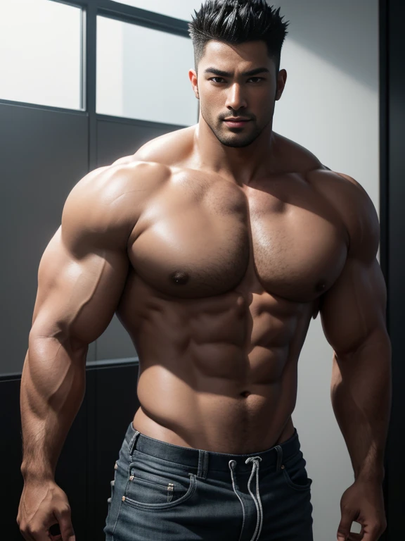 8K,8K分辨率,Muscular blacks, cool guy,Sexy, bright and charming eyes,Dark skin,Fine, smooth and shiny,Plump pectoral muscles,spiky,Naked, short white pantig bag,Highlight,best qualityer,profesional lighting,professional photoshooting,Realistic photos,realistic model,photorealistic art