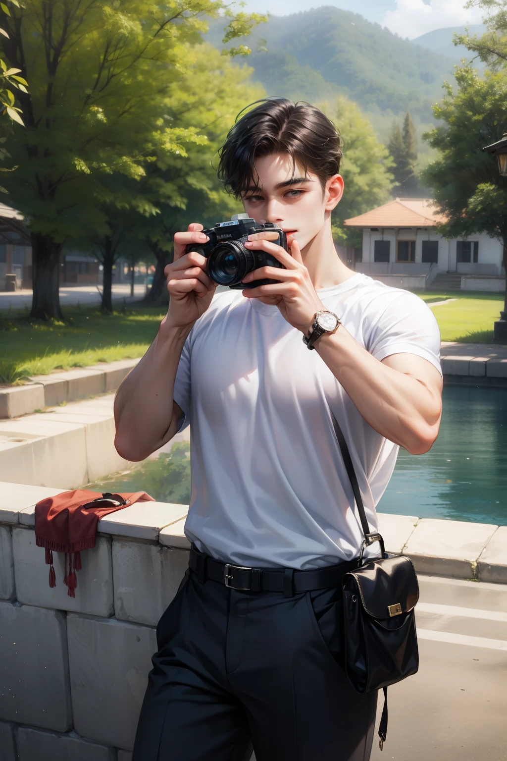 young handsome man taking a photo of the scenery, casual outfit, oversize t-shirt, canon camera