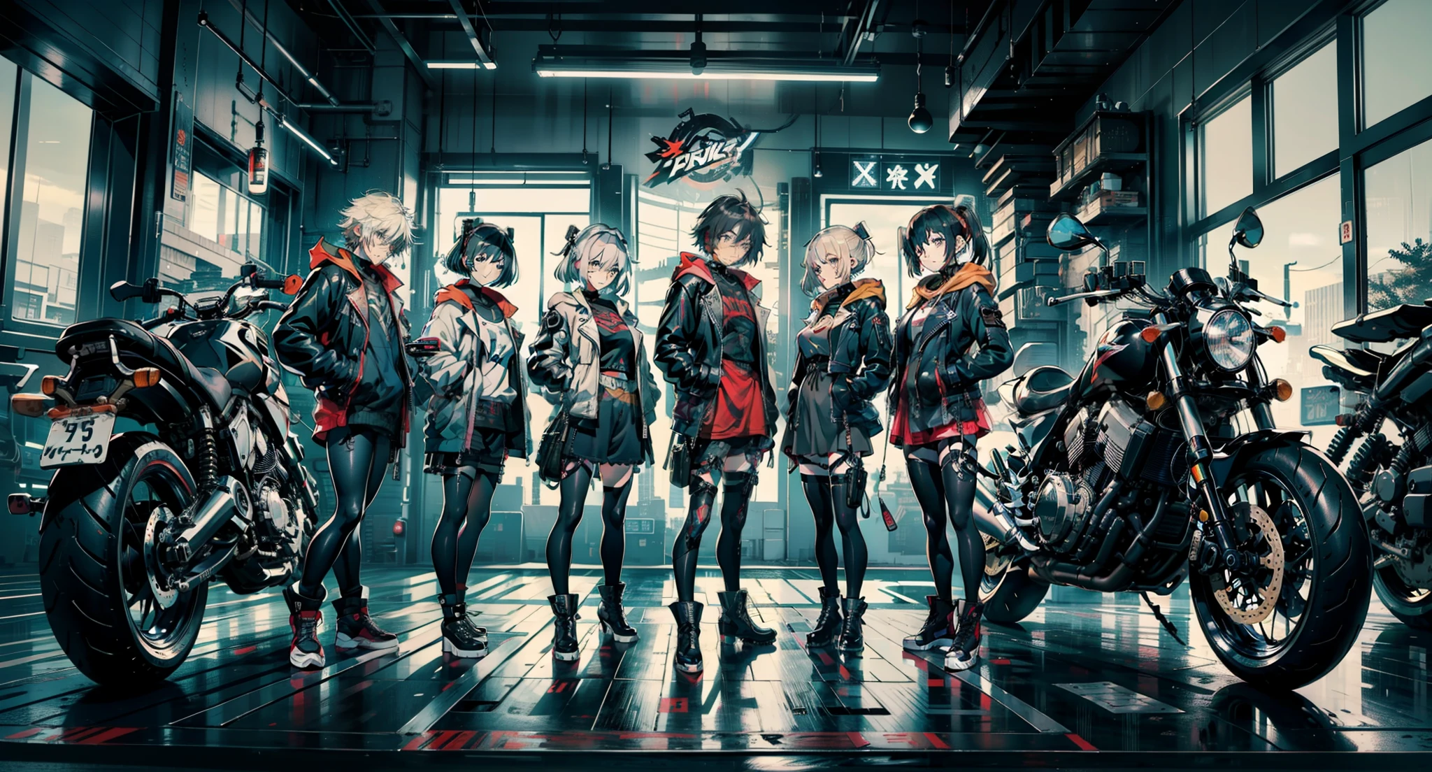 cyberpunked、girl with、mechanic、comical、Anime style、Gray and dark hair、motor bikes、Rider Jacket、punk coloring、sity、ナイトsity、group