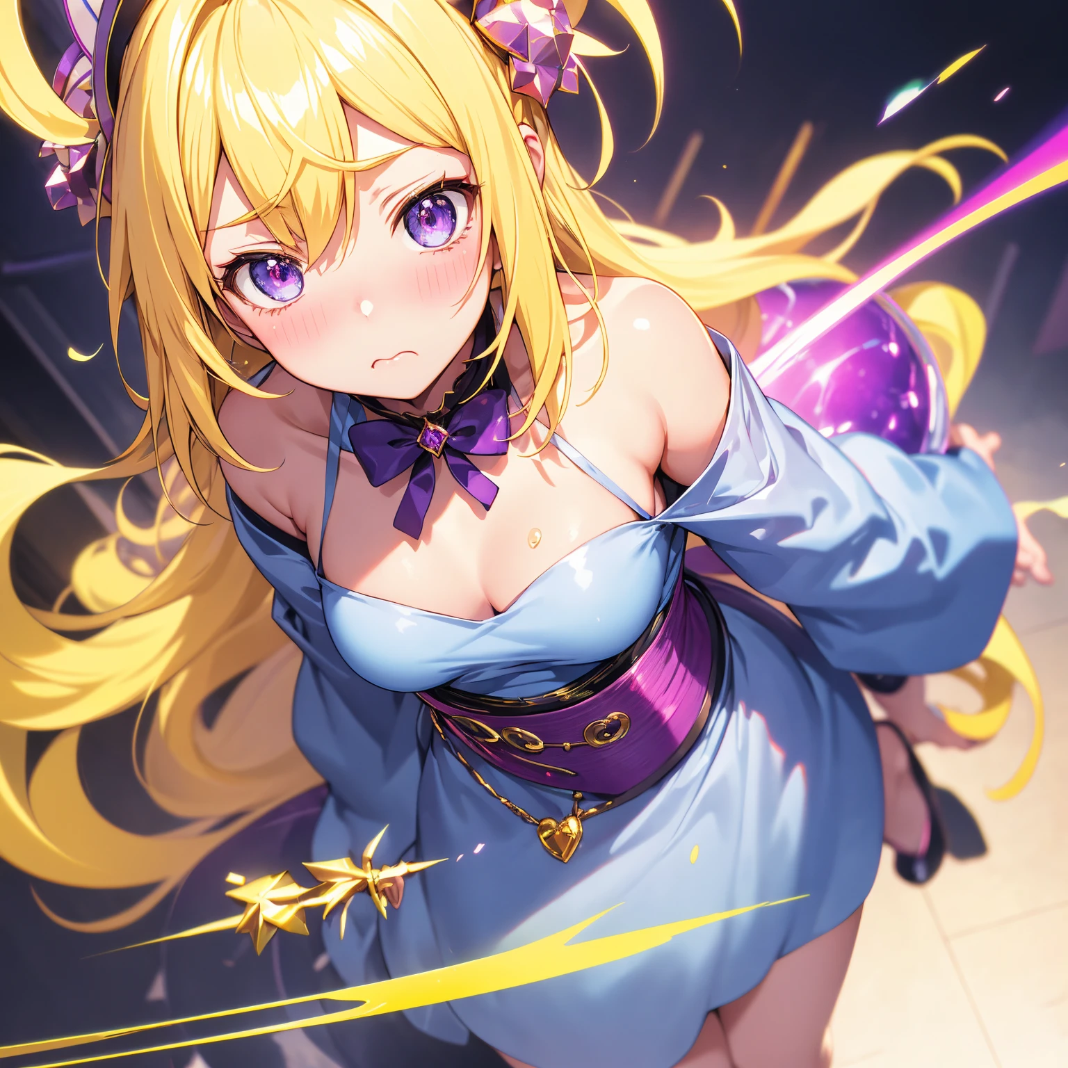 (masterpiece, best quality, chromatic aberration), 1 anime girl,blonde yellow hair, sad face, blush, purple witch costume, detailed eyes and face