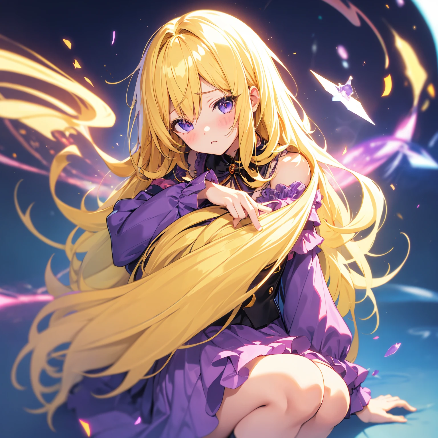 (masterpiece, best quality, chromatic aberration), 1 anime girl,blonde yellow hair, sad face, blush, purple witch costume, detailed eyes and face