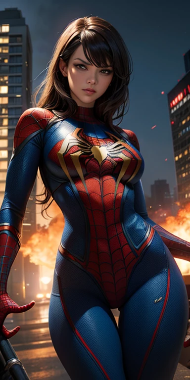 a superheroine dressed as Spider-Man, exuding confidence and power. The print features a woman in a Spider-Man costume in an action pose. Vibrant and dynamic style, with solid colors and defined contours. The background is dark, highlighting the heroine. 2D design, created digitally with painting technique. No distortions or imperfections. Ideal for superhero fan t-shirts. Centralized composition, focus on the character. 8k resolution, dimensions of 2040x2040 pixels. Graphics Engine 5. Vector design for printing t-shirts. 
Avoid portraying the character in an overly sexualized way. Keep the female representation strong and respectful by emphasizing your role as a superhero. Avoid polluting elements or offensive images. Ensure a balanced aesthetic that is consistent with the Spider-Man universe.