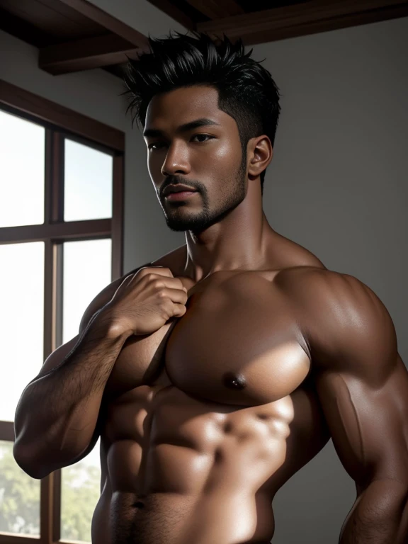 8K，8K分辨率，Muscular blacks, cool guy，Sexy, bright and charming eyes，Dark skin,Fine, smooth and shiny，Plump pectoral muscles，nipple bump，Naked， Short white，Big bag，Highlight，best qualityer，profesional lighting，professional photoshooting，Realistic photos，realistic model，photorealistic  art