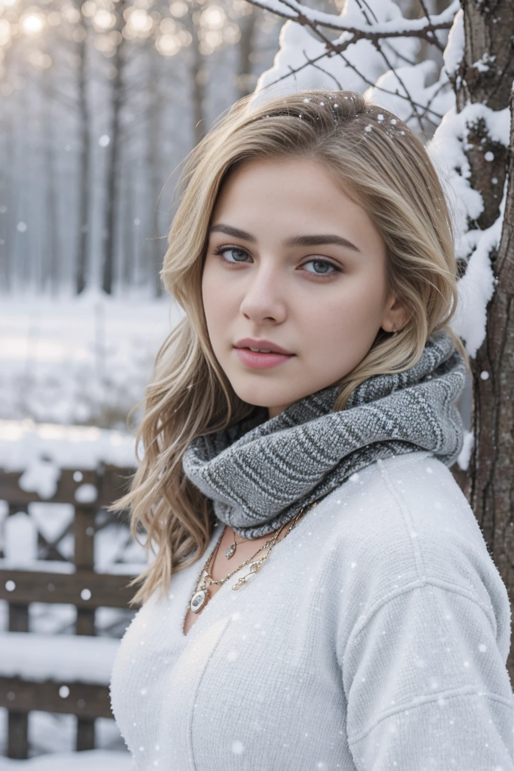 1girl 16 year old, solo, big breasts, back facing viewer, she is looking away from view, blonde hair, jewelry, full body, necklace, lips, realistic, nose, flirting with camera, sexy, realistic, high detail, 4k photo, high detail,, sexy perfect anatomy, perfect symmetry, soft lights, outside, wintery scene, cold, snow,, high details, photo quality, super real, winter outfit, brown eyes