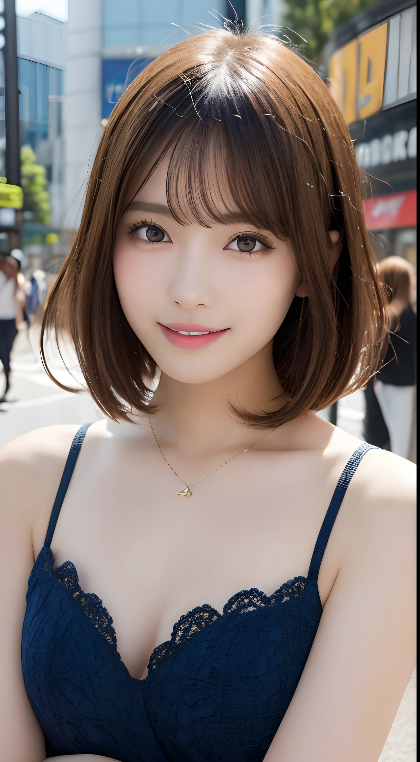 masutepiece, Best Quality, Illustration, Ultra-detailed, finely detail, hight resolution, 8K Wallpaper, Perfect dynamic composition, Beautiful detailed eyes, Women's Fashion Summer,Short bob hair,mid-chest, Natural Color Lip, Bold sexy poses,Smile,Harajuku、20 years girl、Cute、Sexy shot looking at camera
