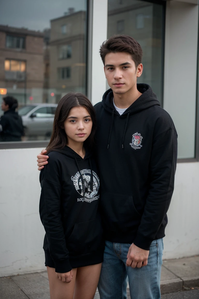 ((best quality)), ((masterpiece)), (detailed), perfect face girl use black hoddie with boy, standing, couple