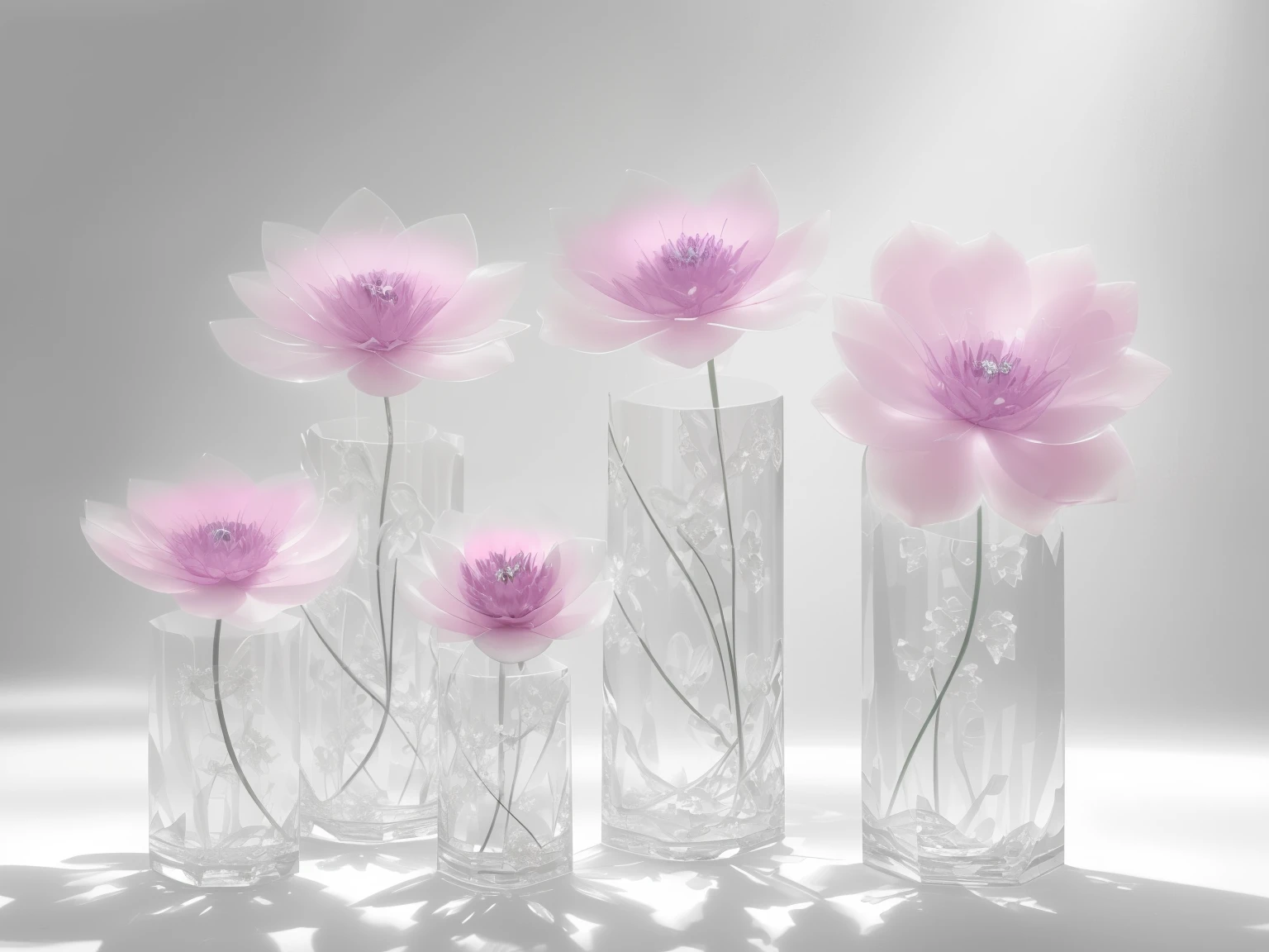 glass transparent flowers,Crystal textured flowers,white backgrounid,Extreme light and shadow,Ray traching,Be concise and clear,Flower stems clear,stem pink,Delicate linequisite curves