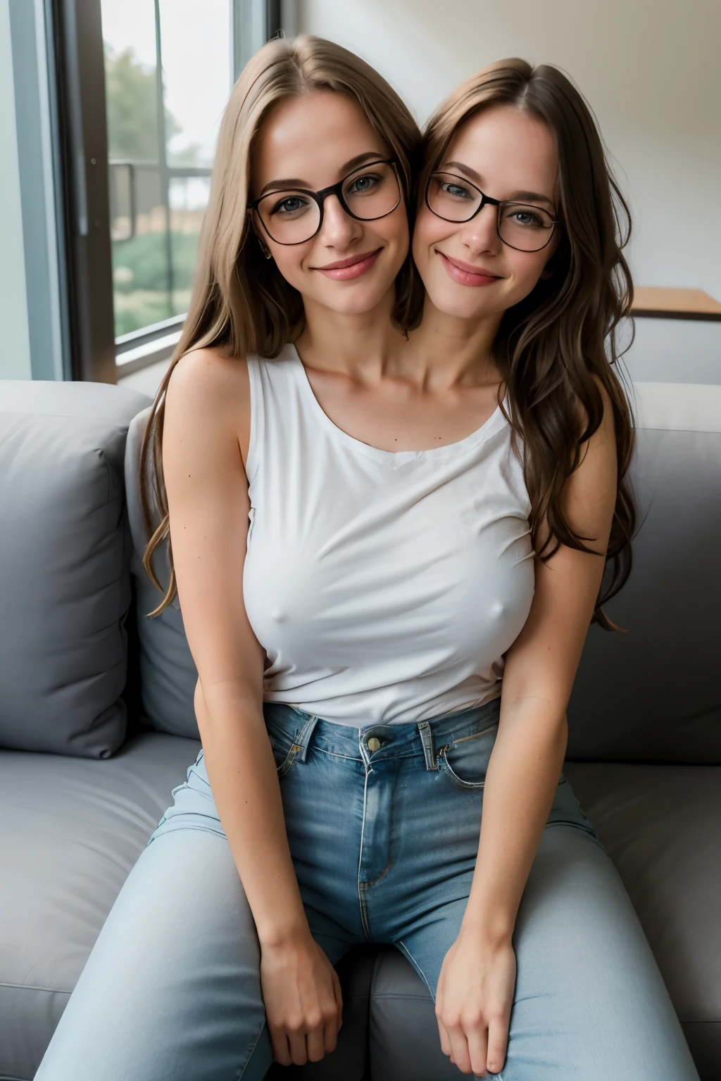 photo portrait of gorgeous white woman wearing jeans and glasses, tshirt , topless, sitting on couch,smile,long brunette hair, long blonde hair, best quality,4k,8k,ultra hires,realistic,photo realistic,RAW photo,hdr,sharp focus,skin imperfections,masterpiece,hard light,athmospheric,conjoined_dicephalus,(two heads:1.5),