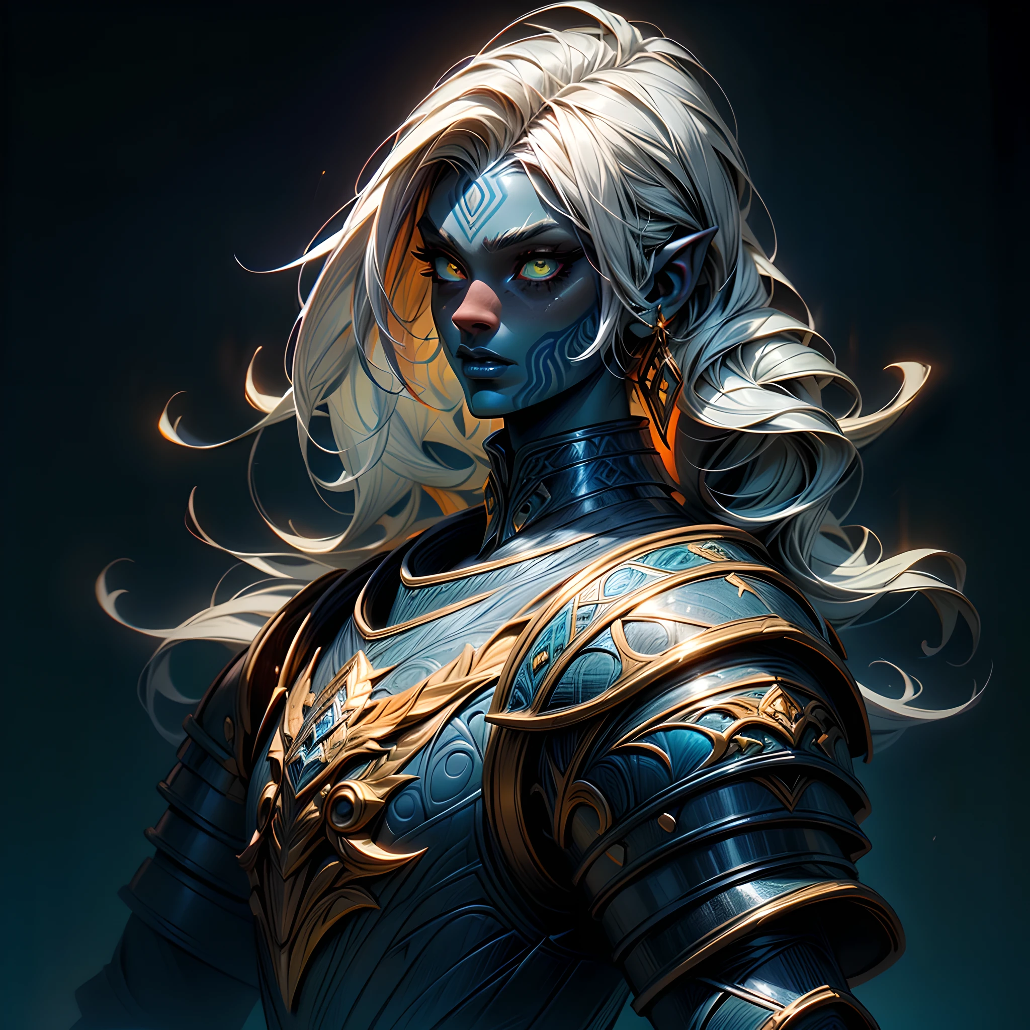 fantasy art, dnd art, RPG art, wide shot, (masterpiece: 1.4) portrait, intense details, highly detailed, photorealistic, best quality, highres, portrait a vedalken female (fantasy art, Masterpiece, best quality: 1.3) ((dark blue skin: 1.5)), intense details facial details, exquisite beauty, (fantasy art, Masterpiece, best quality) cleric, (blue colored skin: 1.5) 1person blue_skin, blue skinned female, (white hair: 1.3), long hair, intense green eye, fantasy art, Masterpiece, best quality) armed a fiery sword red fire, wearing heavy (white: 1.3) half plate mail armor CM-Beautiful_armor wearing high heeled laced boots, wearing an(orange :1.3) cloak, wearing glowing holy symbol GlowingRunes_yellow, within fantasy temple background, reflection light, high details, best quality, 16k, [ultra detailed], masterpiece, best quality, (extremely detailed), close up, ultra wide shot, photorealistic, RAW, fantasy art, dnd art, fantasy art, realistic art,