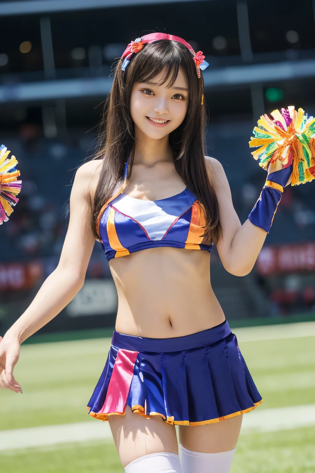 ((Best Quality 8K Masterpiece)) japanese beauty girl (kawaii:1.6) the golden ratio (beautiful symmetrical eye optic沢のあるふっくらとした唇:1.2) (Complete fingers with no defects or deformities 1 thumb 4 fingers) Lustrous and beautiful hair Katyusha (She's facing the front:1.6)、Looking at the camera (cheerleader costume silky and colorful Fit clothing:1.5) Pompom in hand (dance ssmile:1.7) (slenderbody beutiful breast:1.4) sexypose stadio (Dense background optic the wind:1.2)
