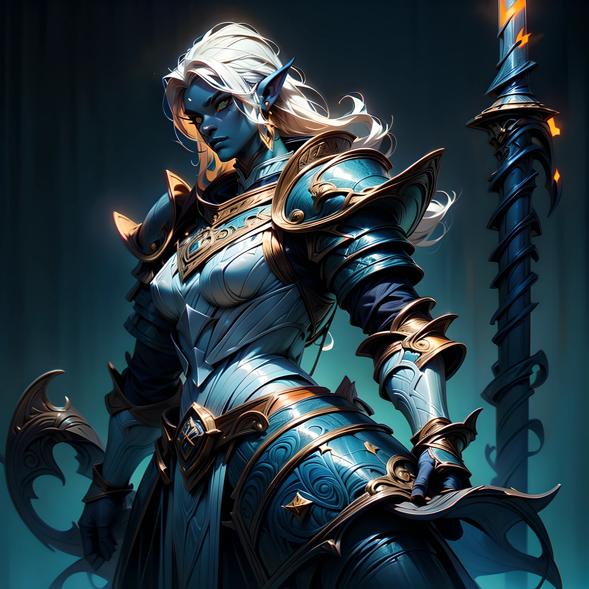 fantasy art, dnd art, RPG art, wide shot, (masterpiece: 1.4) portrait, intense details, highly detailed, photorealistic, best quality, highres, portrait a vedalken female (fantasy art, Masterpiece, best quality: 1.3) ((dark blue skin: 1.5)), intense details facial details, exquisite beauty, (fantasy art, Masterpiece, best quality) cleric, (blue colored skin: 1.5) 1person blue_skin, blue skinned female, (white hair: 1.3), long hair, intense green eye, fantasy art, Masterpiece, best quality) armed a fiery sword red fire, wearing heavy (white: 1.3) half plate mail armor CM-Beautiful_armor wearing high heeled laced boots, wearing an(orange :1.3) cloak, wearing glowing holy symbol GlowingRunes_yellow, within fantasy temple background, reflection light, high details, best quality, 16k, [ultra detailed], masterpiece, best quality, (extremely detailed), close up, ultra wide shot, photorealistic, RAW, fantasy art, dnd art, fantasy art, realistic art,