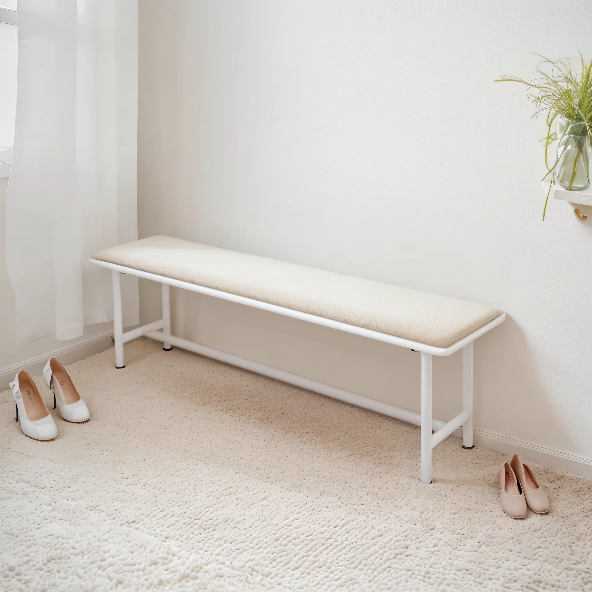 in modern families，A chair against a white wall，there is a lady&#39;bag on chair，Carpet in front，femele&#39;shoes on carpet，The curtain is on the left，