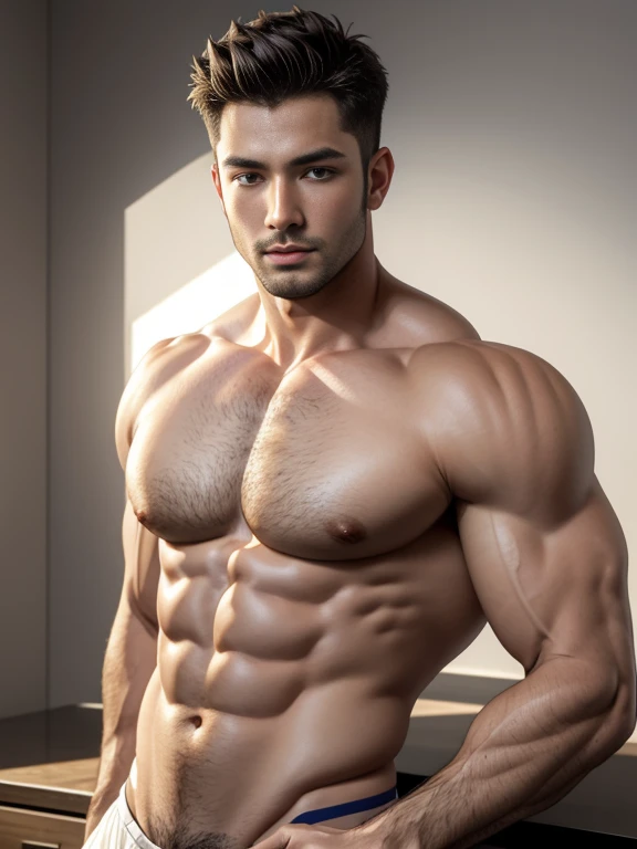 8K，8K分辨率，muscular white man, cool guy，Sexy, bright and charming eyelue eyes，Dark skin,Fine, smooth and shiny，Plump pectoral muscles，nipple bump，Naked， Short white，Big bag，Highlight，best qualityer，profesional lighting，professional photoshooting，Realistic photos，realistic model，photorealistic  art