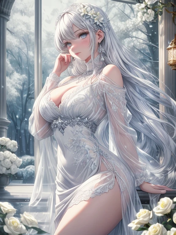 Paradise in Heaven, White lighting,(masutepiece), (Best Quality), (Cinematic), 8K, (art  stations), Li Yue painting style.(長いWhite hairとSilvery eyesを持つ1人の女), (Beautiful delicate face)、[ Particle Lou Full Moon] [Frozen trees々] [landscape crystal] [Lighting] [Ethereal Atmosphere]:1.1] [Fantasy, short story] [soft Lighting] [+Cinematic shot]:1.2 [+art  stations] [+luminous white background] [+soft Lighting] [soft glow] [Creative and dynamic angles]:1.3, [+Crystal Toning] 、masutepiece, ighly detailed, Ultra-detailed, Solo, (pale skin), Silvery eyes, White hair, (snowy background), (snowflake rosen flower:1.0), (shining crystal),, (Snowy ground), (White lashes), Female sexy、dreamy and detailed, Gorgeous setting, 妖しい雰囲気 masutepiece, The most beautiful scenes, An majestic、(((full of white flowers)))、quiet and serene atmosphere、A charming, all white tones,Inside the crystal library,Transparent flowers and falling snow，Many white roses are planted,(flowingwater,falls,water bloom),The decoration is also carefully done.,Dreamy（ighly detailedです，Creative Design，crisp and precise lines，K HD，best qualtiy，tmasterpiece，超hight resolution，4K）、Diverse poses、((beautiful white flower hair ornament))、Beautiful hairstyle、(Best Quality, 4K, 8K, hight resolution, masutepiece:1.2), Ultra-detailed, Detailed expression, Graceful posture, expressive brush strokes, mystic atmosphere, artistic interpretation,Delicate floral jewelry， (((Detailed design、Beautiful lace translucent dress、see-through small dress)))、(SFW:1.5), (Oversized breasts, best body proportions, proportions of large breasts,:1.5),(white decoration on thigh)、((beautiful decorations on the legs))。((beautiful decoration on the arm))