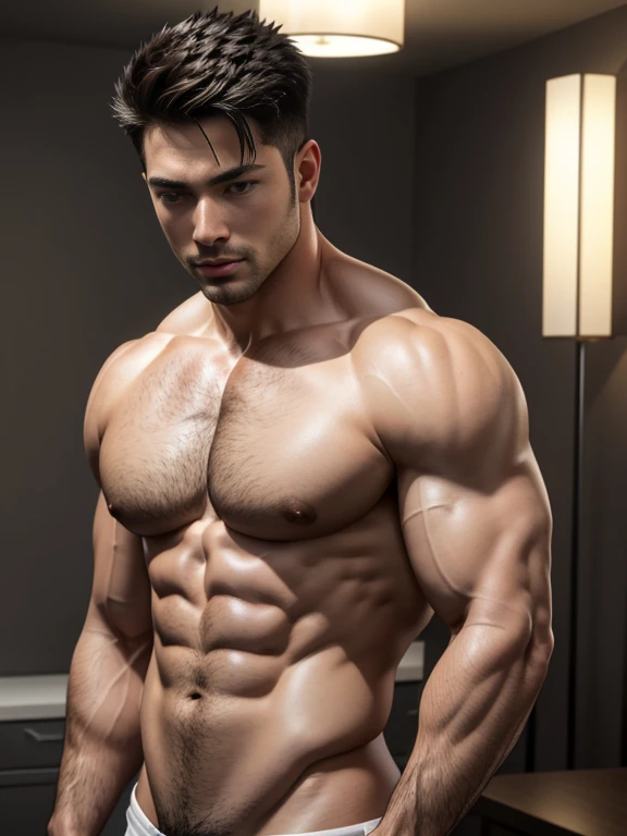 8K,8K分辨率,muscular white man, cool guy,Sexy, bright and charming eyelue eyes,Dark skin,Fine, smooth and shiny,Plump pectoral muscles,nipple bump,Naked, Short white,Big bag,Highlight,best qualityer,profesional lighting,professional photoshooting,Realistic photos,realistic model,photorealistic art