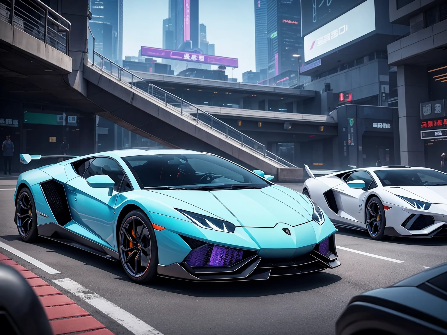 A Lamborghini concept car drives around a sci-fi city,large panorama,photorealestic,Hyper Real,Ultra photo realsisim,hyper HD,The tech car of the future,sci-fi aurora,Monte,Pose,Purple Neon Monitor Light,(RAW photogr:1.2),(realistically:1.4),(tmasterpiece:1.3),(Best quality:1.4),超高分辨率,8K分辨率,