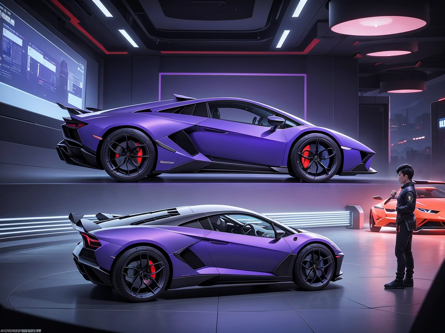 A Lamborghini concept car drives around a sci-fi city，large panorama，photorealestic，Hyper Real，Ultra photo realsisim，hyper HD，The tech car of the future，sci-fi aurora，Monte，Pose，Purple Neon Monitor Light，（RAW photogr：1.2），（realistically：1.4），（tmasterpiece：1.3），（Best quality：1.4），超高分辨率，8K分辨率，