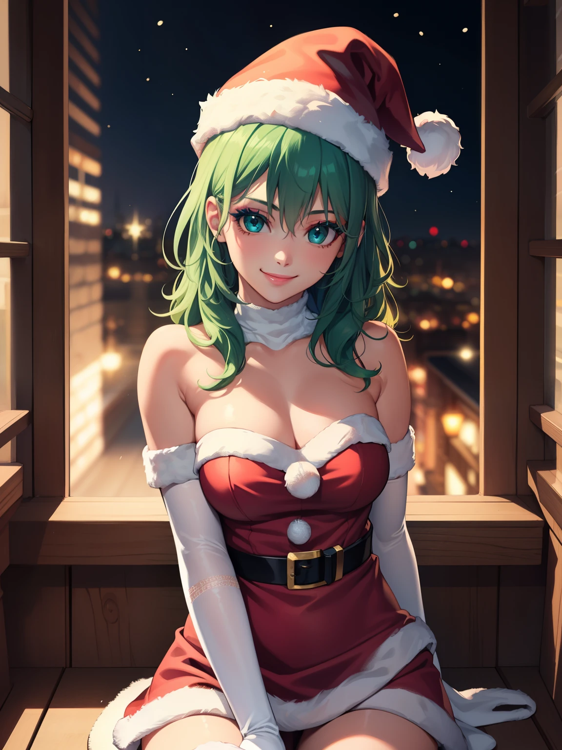 1girl, solo, masterpiece, best quality, high res, highly detailed, (illustration), beautiful detailed eyes, fembyleth, light green hair ,glossy lips, makeup, smile, long white elbow gloves, cowboy shot, (santa), red santa dress, santa hat, strapless dress, white elbow gloves