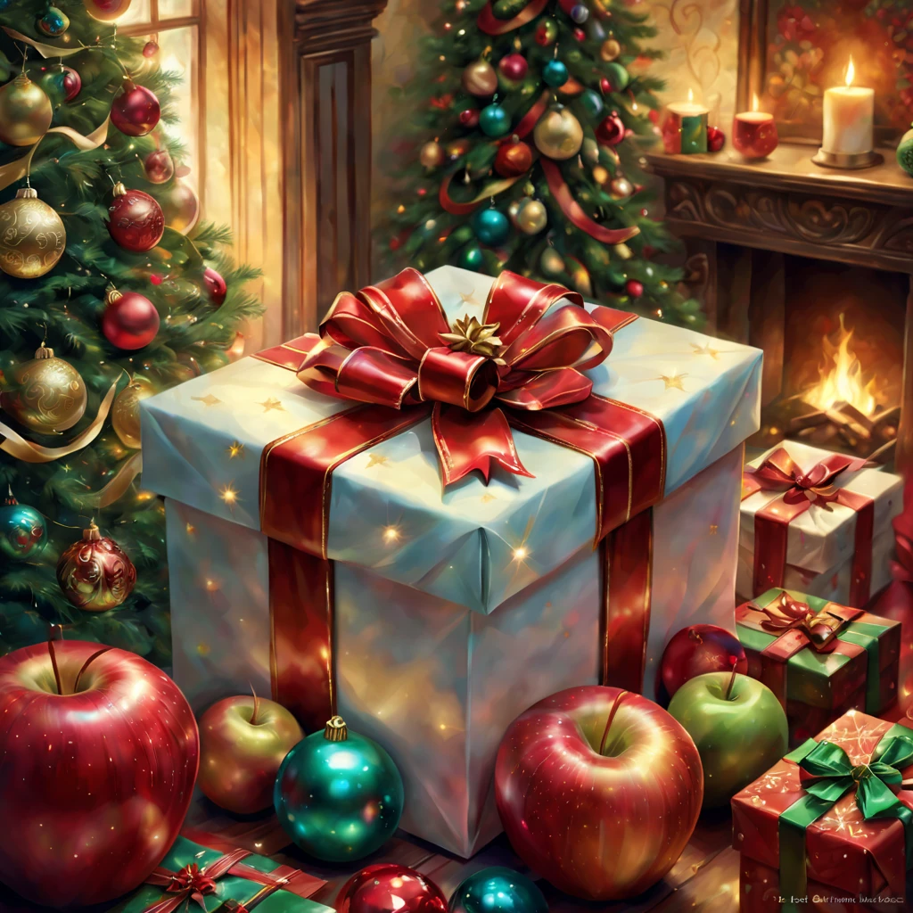 high quality artwork,stunning details,vibrant colors,christmas gifts,peaceful apple,+ornaments,+delightful surprises,+sparkling decorationestive atmosphere,traditional presents,lovely wrapping ,joyful anticipation,beautifully arranged,ornamented ribbons and bows,shiny ornaments,holiday joy,exciting surprises,delicious treats,celebratory spirit,delightful expressions,excitement and happiness,magical ambiance,holiday magic,elegant design,exquisite craftsmanship,warm and cozy,artistic masterpiece,cheerful atmosphere,sparkling lights,festive colors,lovely patternestive decorationestive accessorieestive wrapping,+ornamented gift box