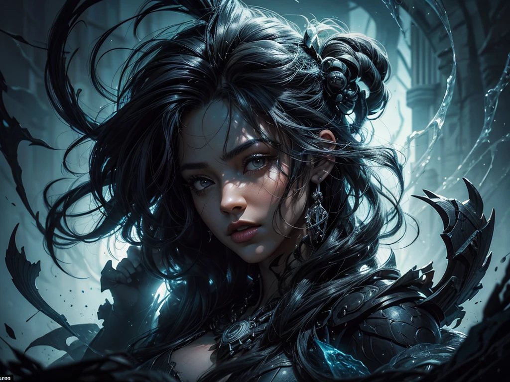 A sculpted figure of an Amazon appears against a stark black background with cobwebs, smoothly turning into cascading hair., cos, decorated with Chris Hamilton's signature brush strokes, fractal isometry is permeated throughout the composition, Pastel shades, subtly emphasizing visual texture, Digital Painting, pastel shades, Ultra-fine detail, dramatic lighting.