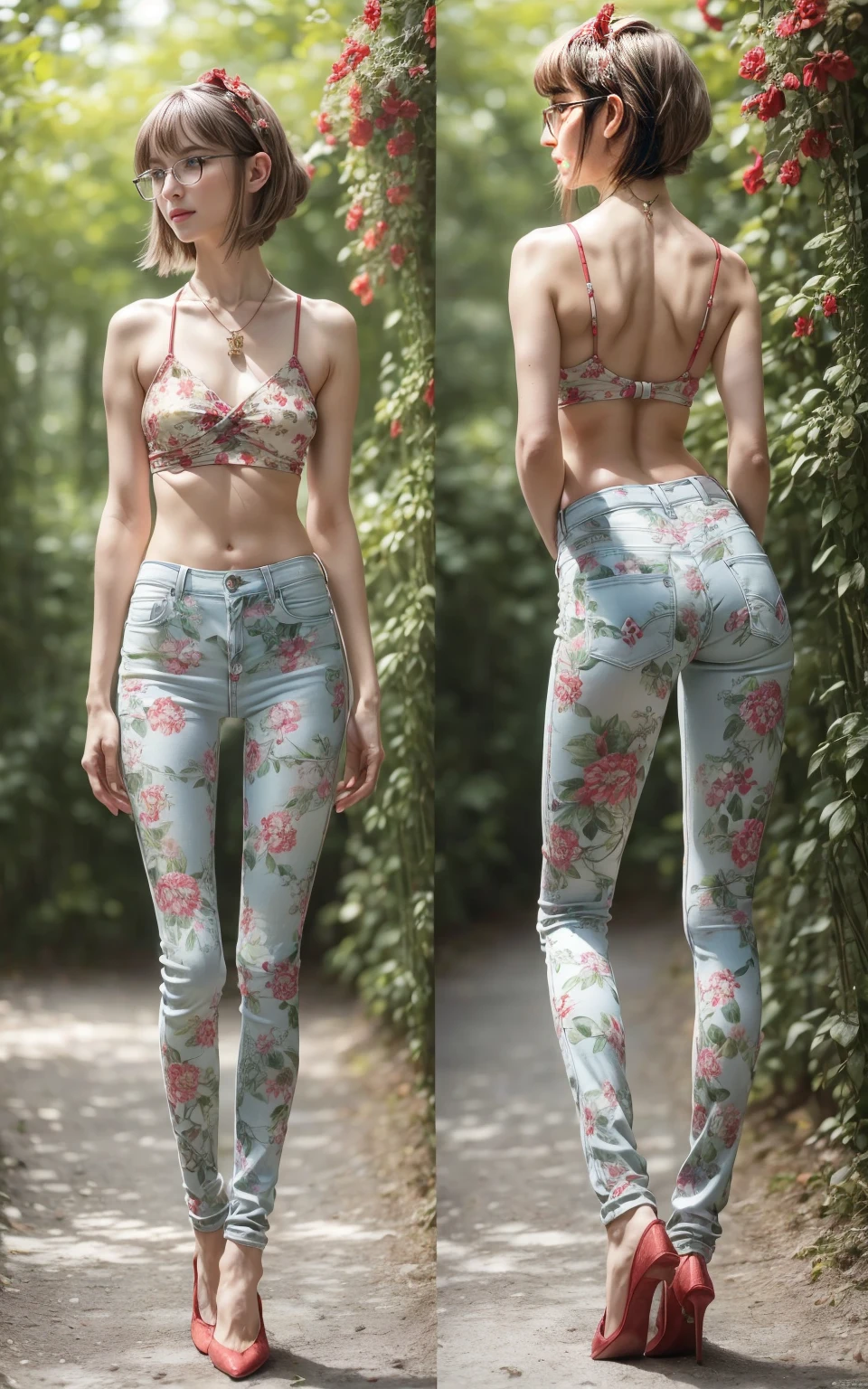 (8K, Masterpiece, RAW photo, Best quality, detail:1.3), (ultra realistic Natural background, scenary:1.5), Depth of field, Cinematic light, (ultra realistic face), (1 picture of 1 solo girl Airim Jones:1.6), 1girl, (Beautiful and elegant Russian girl), (skinny girl with glasses), (European face:1.3), (perfect complete full body:1.6), (full body shot including shoes:1.6), (perfect [frontal view|side profile|back profile]:1.5), (small necklace, collarbone:1.1), ( [bangs|pigtails|bob|pixie] hair:1.5), (ultra detailed skin:1.4), (sexy red minitop:1.5), (soft fabric miniTop:1.5), (Floral Print Jeans:1.5), (perfect standing pose:1.5), (perfect long legs:1.4), (perfect nose:1.5)