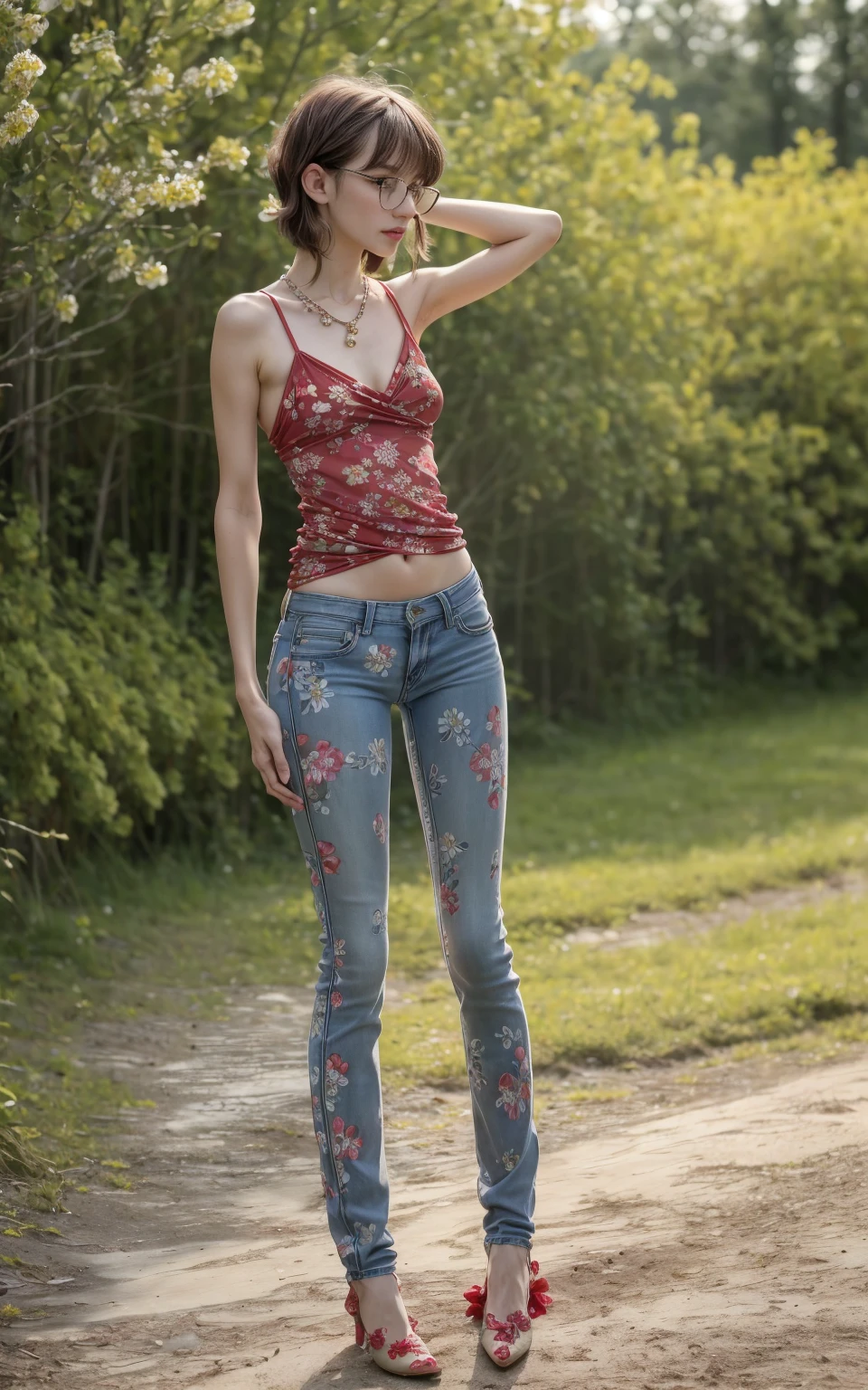 (8K, Masterpiece, RAW photo, Best quality, detail:1.3), (ultra realistic Natural background, scenary:1.5), Depth of field, Cinematic light, (ultra realistic face), (1 picture of 1 solo girl Airim Jones:1.6), 1girl, (Beautiful and elegant Russian girl), (skinny girl with glasses), (European face:1.3), (perfect complete full body:1.6), (full body shot including shoes:1.6), (perfect [frontal view|side profile|back profile]:1.5), (small necklace, collarbone:1.1), ( [bangs|pigtails|bob|pixie] hair:1.5), (ultra detailed skin:1.4), (sexy red minitop:1.5), (soft fabric miniTop:1.5), (Grommet Detail Jeans:1.6), (perfect standing pose:1.5), (perfect long legs:1.4), (low rise jeans:1.5), (low waisted jeans:1.5), (perfect shoes:1.5), (perfect feet:1.5)