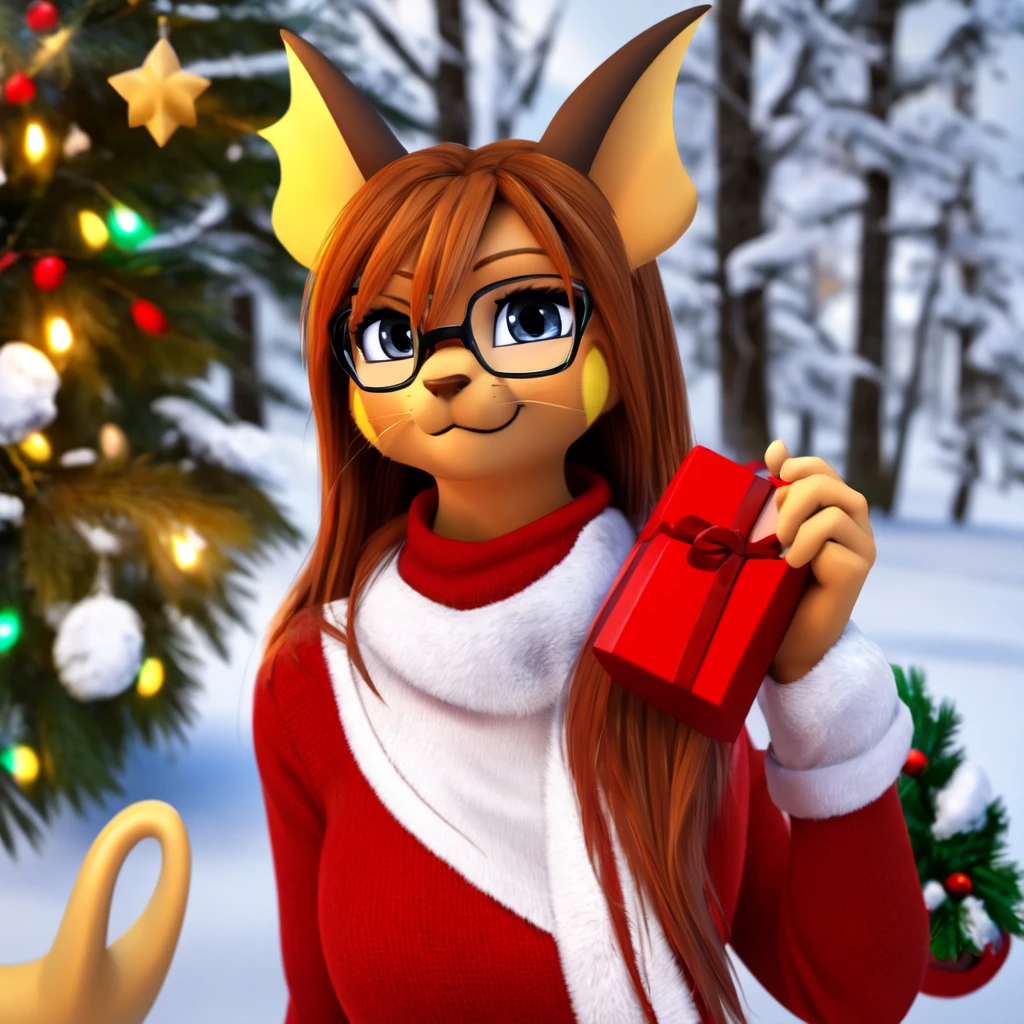 ((best quality)), ((masterpiece)), (detailed), perfect face, solo, anthro, mammal, , long hair, 3d (artwork), female, grey background, clothing, hi res, fur, background, clothed, digital media (artwork), whiskers, raichu, smile, portrait, glasses, christmas, winter forest, snow, christmas clothes, happy, warm, holding hand out to me, long tail