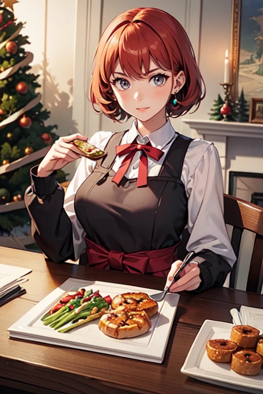 1girl, holding Christmas Gift, Box, ribbon, decorations, table, food, intricate, (best quality, masterpiece, Representative work, official art, Professional, unity 8k wallpaper:1.3)