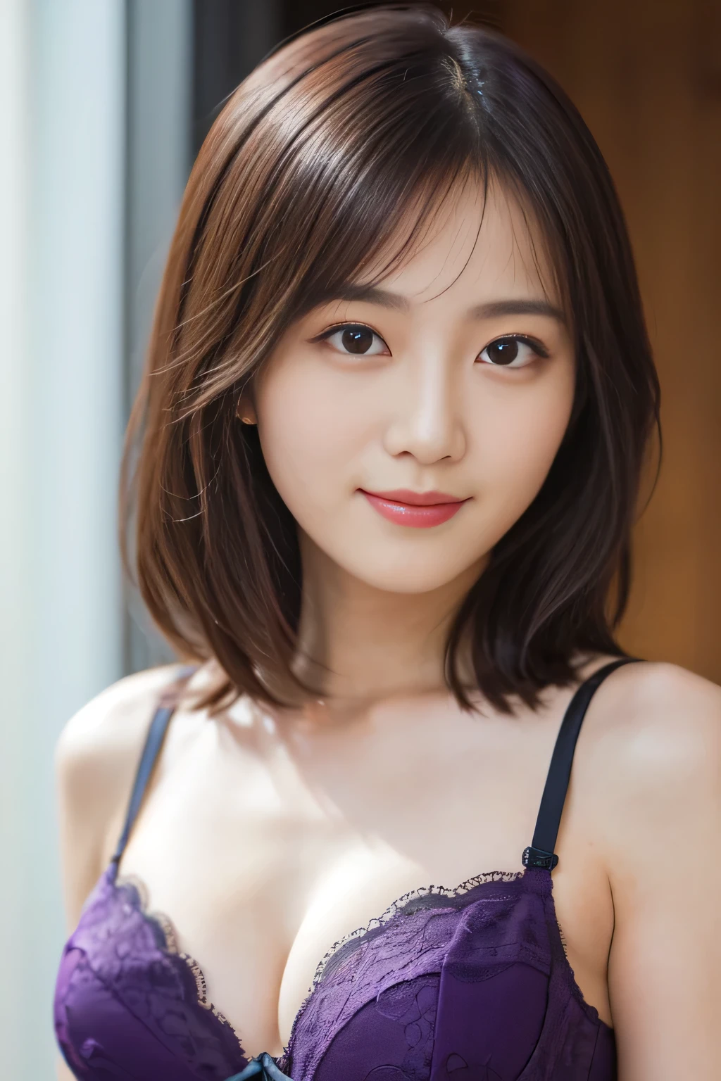 (Raw photography), (Photorealsitic), (​masterpiece), (top-quality), hight resolution, 8K分辨率, (intricate detailes), (volumatic light), portlate, femele, 40 years, short-hair, straight haired, Layered hair, brown haired, extremely detailed eye, Sauce order, Highly detailed eyebrows, highlydetailed skin, highly detail mouth, highly detailed nose, cute like an idol, Happy smile, ((thick lips)), ((Look at viewers)), (purple sexy and naughty panties、purple sexy and naughty bra)