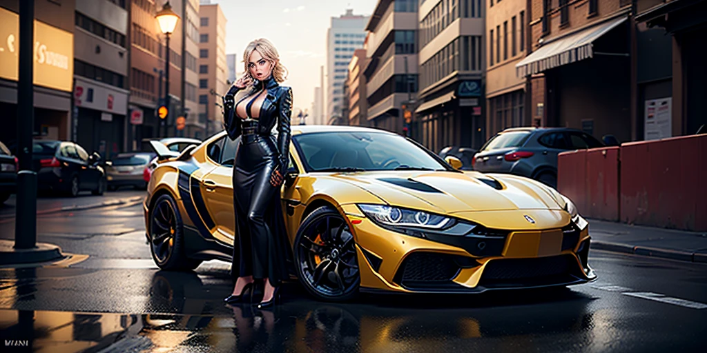 A charismatic woman standing next to a yellow car on a city street, fashion shoot 8k, 8k octan advertising photo, 4k fashion shoot, cover shot, promo shot, high - end fashion photoshoot, automotive photography, 4k post, 4 k post, portrait shot, 4 k editorial photograph, 7 0 mm. dramatic lighting, auto photography, photoshoot, (masterpiece), best quality, expressive eyes, perfect face