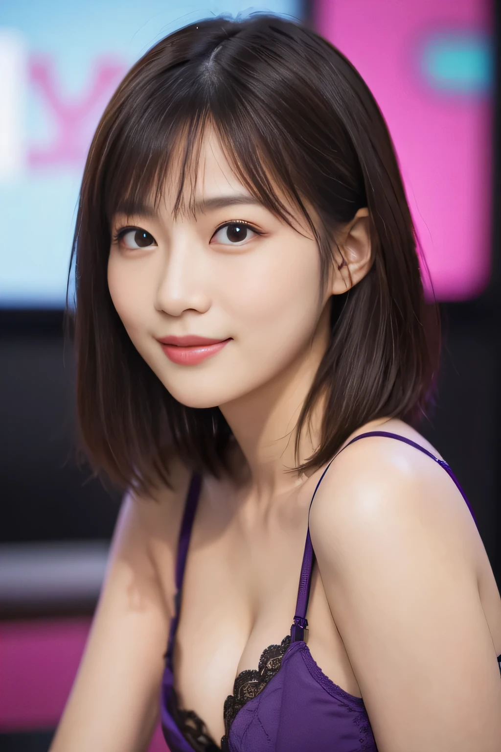 (Raw photography), (Photorealsitic), (masterpiece), (top-quality), hight resolution, 8K分辨率, (intricate detailes), (volumatic light), portlate, femele, 40 years, short-hair, straight haired, Layered hair, brown haired, extremely detailed eye, Sauce order, Highly detailed eyebrows, highlydetailed skin, highly detail mouth, highly detailed nose, cute like an idol, Happy smile, ((thick lips)), ((Look at viewers)), (purple sexy and naughty panties、purple sexy and naughty bra)