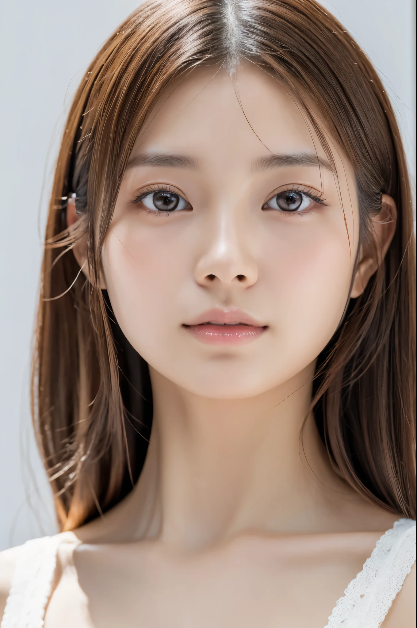 Young japanese lady, 30s, White background, It features a simple背景, white-brown hair, slender, 4K, in 8K, High quality, Beauty, Beautiful eyes, It features a simple, High resolution,1 person,Beautiful skins,Beautiful skin