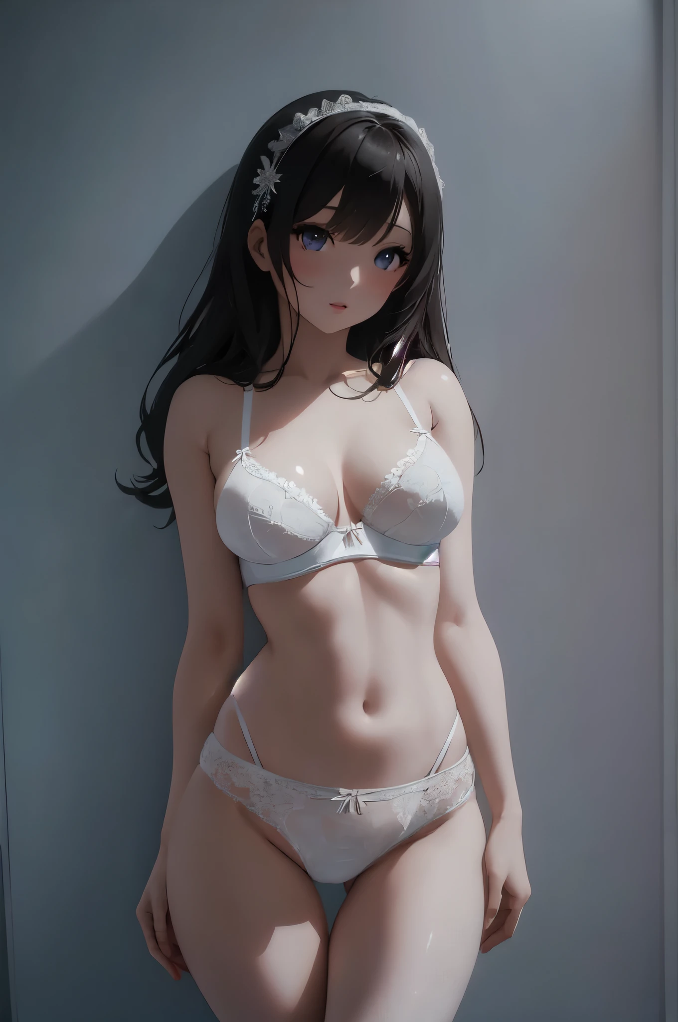 arafed woman in a white lingerie posing for a picture, photorealistic perfect body, barbie doll in panties and bra, wearing , ultra high quality model, white bra, sultry body with  belly, smooth translucent white skin, lingerie, laced lingerie, hyperrealistic full figure, posing in bra, on a mannequin. high quality, realistic 