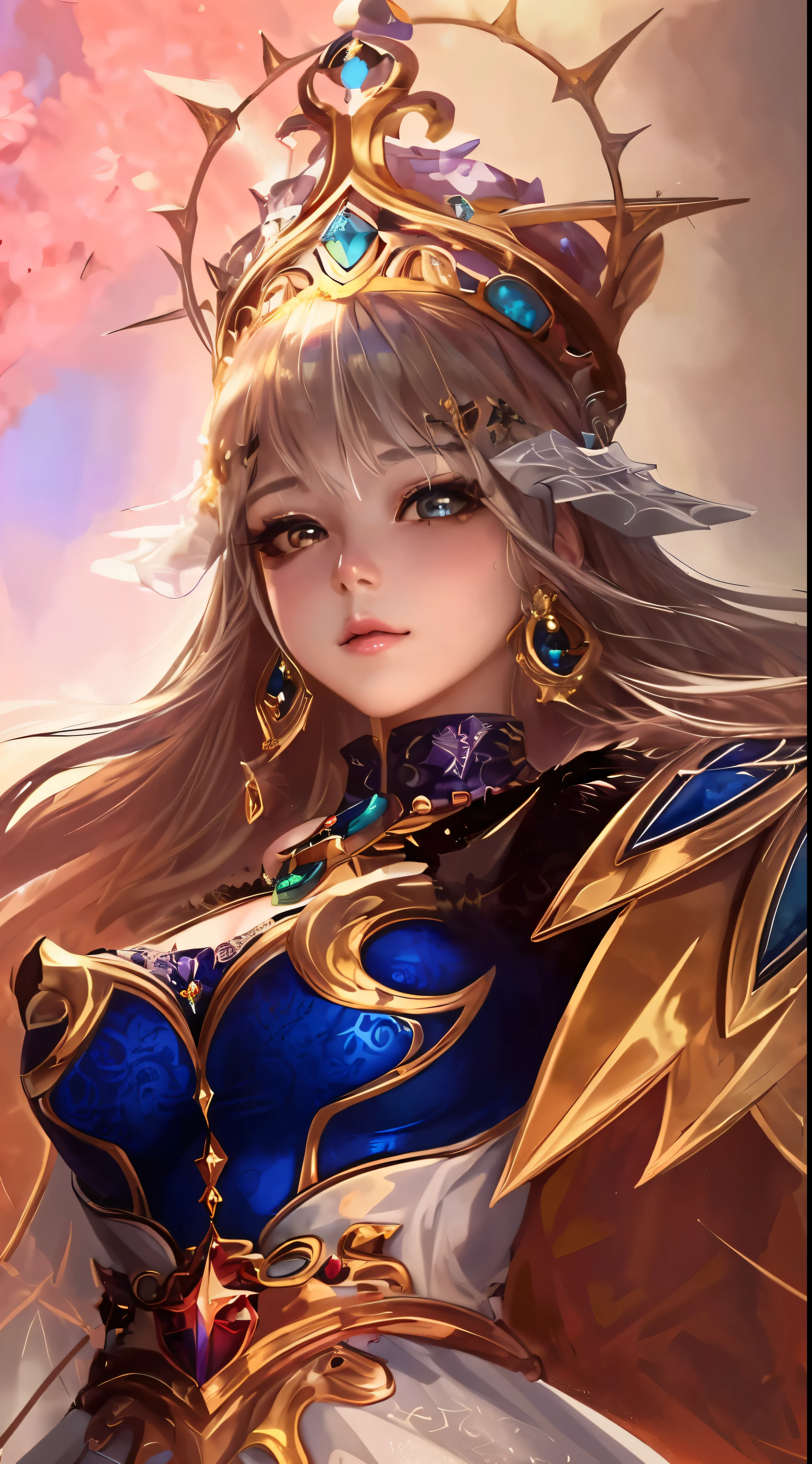 ((highest quality)),(ultra high resolution),(Super detailed),(detailed description),((best CG)),(best work of art),super precision art,great drawing art,(Fantasy art with precise details:1.5), (One queen:1.5),Beautiful face 1.5,make:1.6,(A luxurious and gorgeous dress with intricate details:1.5),(A sparkling crown encrusted with jewels:1.4),Wang Wat:1.2,Luxurious throne:1.5, Chandelier with magical light:1.6