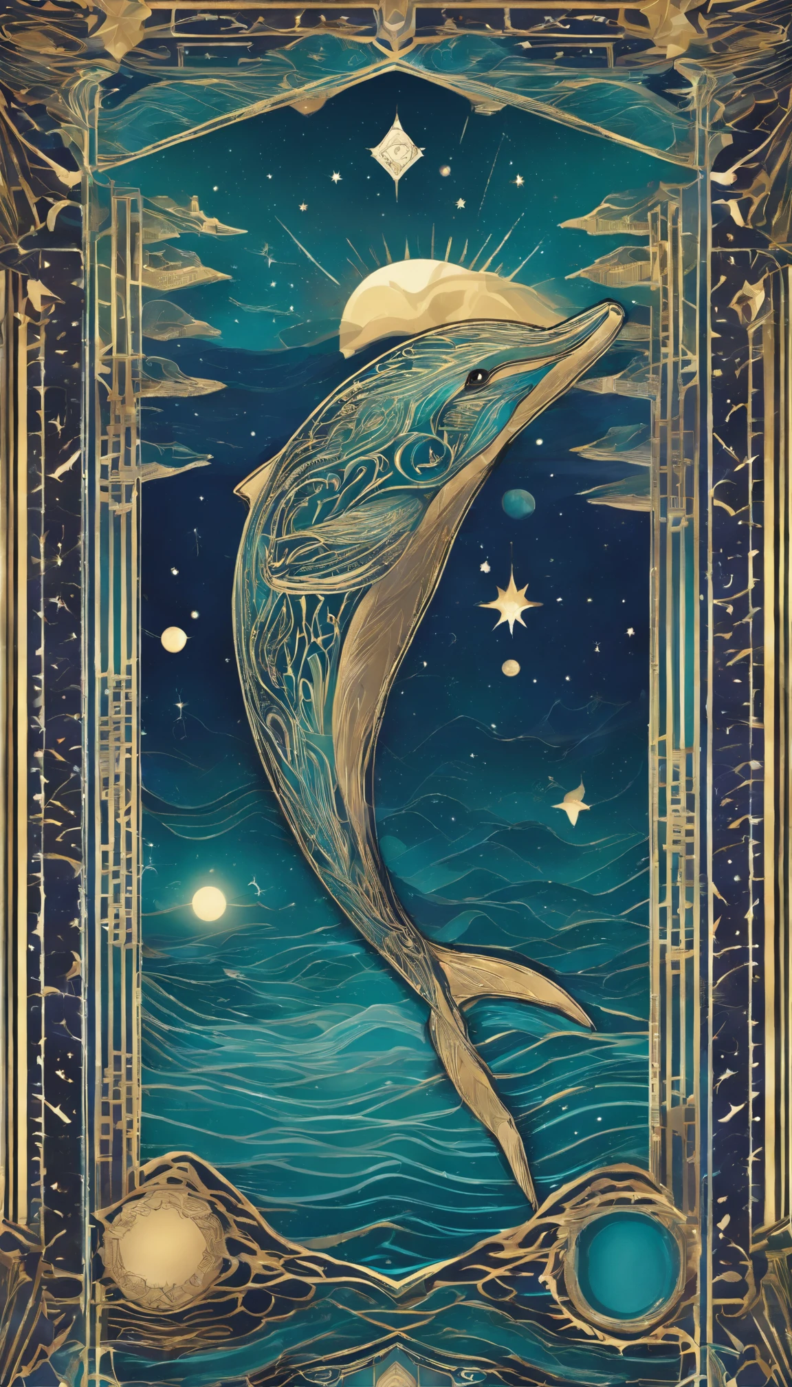 Illustration like a tarot card,sea of night sky, intergalactic,Close-up of a painting of a single dolphin, Paintings inspired by Lassen, Emerald Blue,Dreamy art, Beautiful Art, Magic Sea, Dreamy night
