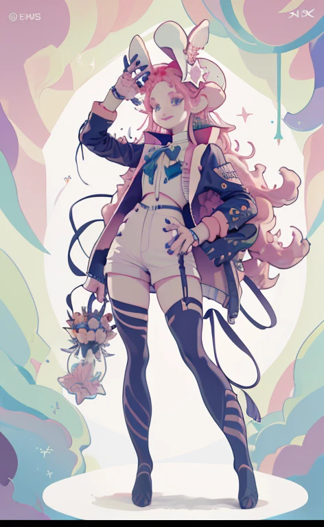 (Masterpiece, Best Quality, hight resolution, Ultra Detailed:1.2),Deepen the detail of the fingers， (独奏, 1girll, Cowboy shot), Dokumiku, Double tails, Mittens, goggles on head, multi-colored hair, pink eyelashes, violet eyes, green jacket, BREAK, grin, teeth, (dynamicpose, the madhatter, the madhatter ученый), (multicolored background)