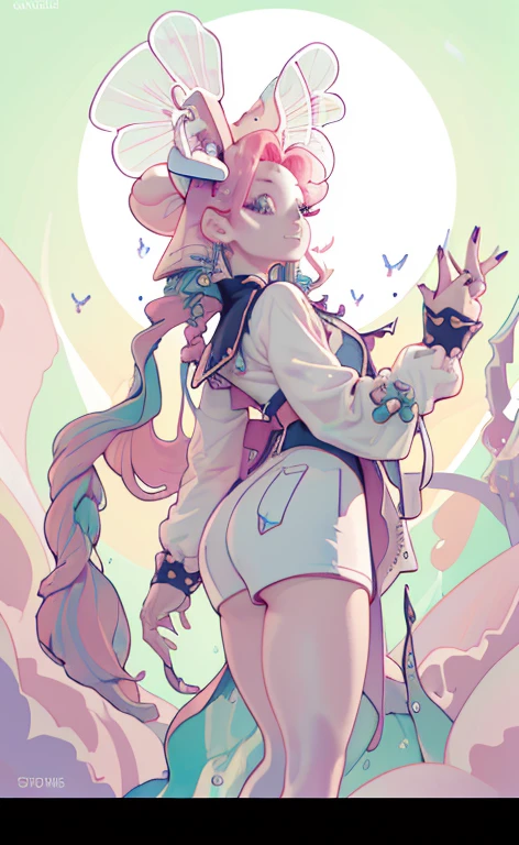(Masterpiece, Best Quality, hight resolution, Ultra Detailed:1.2),Deepen the detail of the fingers, (独奏, 1girll, Cowboy shot), Dokumiku, Double tails, Mittens, goggles on head, multi-colored hair, pink eyelashes, violet eyes, green jacket, BREAK, grin, teeth, (dynamicpose, the madhatter, the madhatter ученый), (multicolored background)