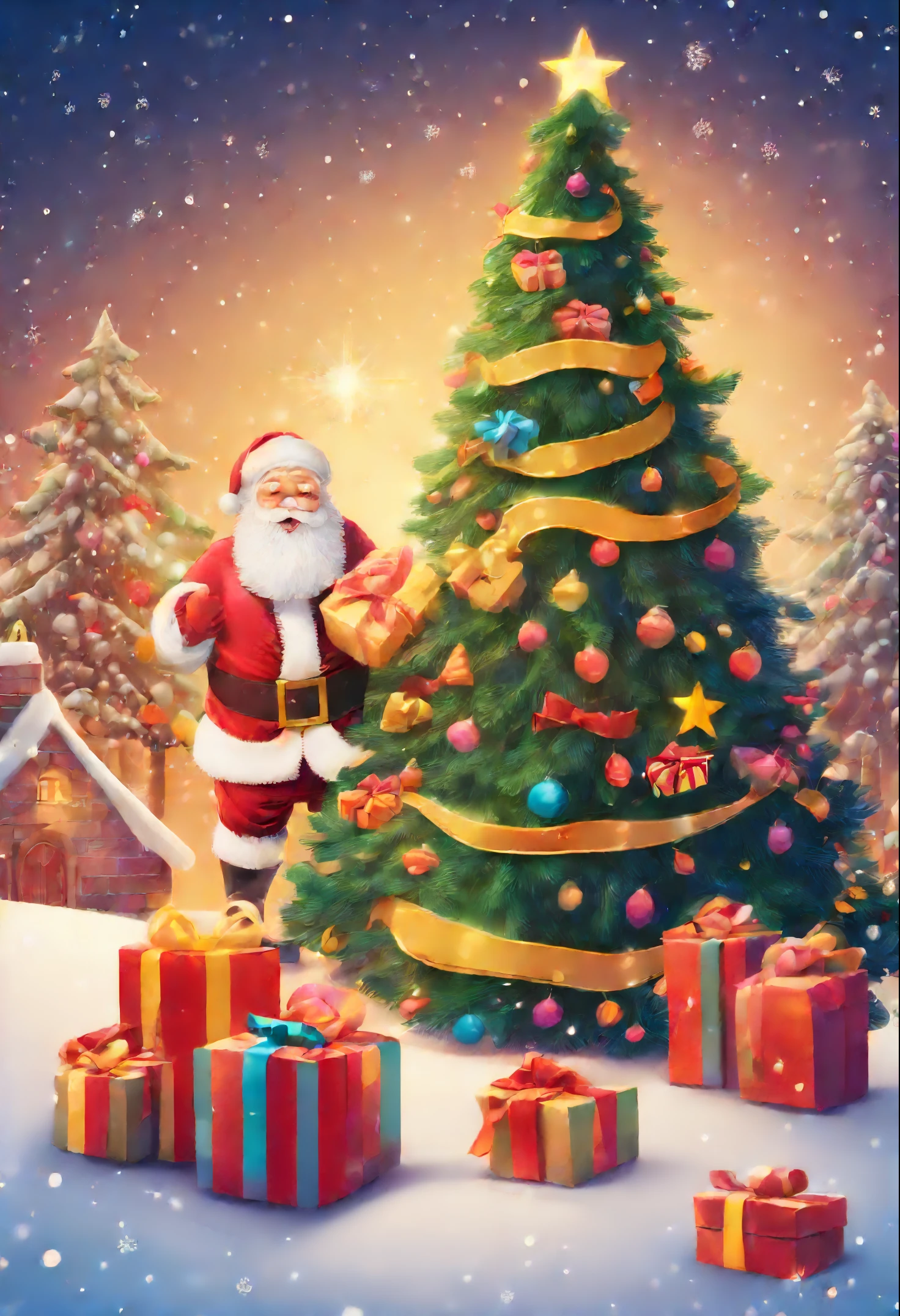 3Drenderingof, Christmas Eve scene, There is a big Christmas tree in the middle of the poster, Decorated with colorful lights, star curtain in sky, and gift box on the snow. A cute and kind Santa Claus holding gifts, warm yellow background and bright night