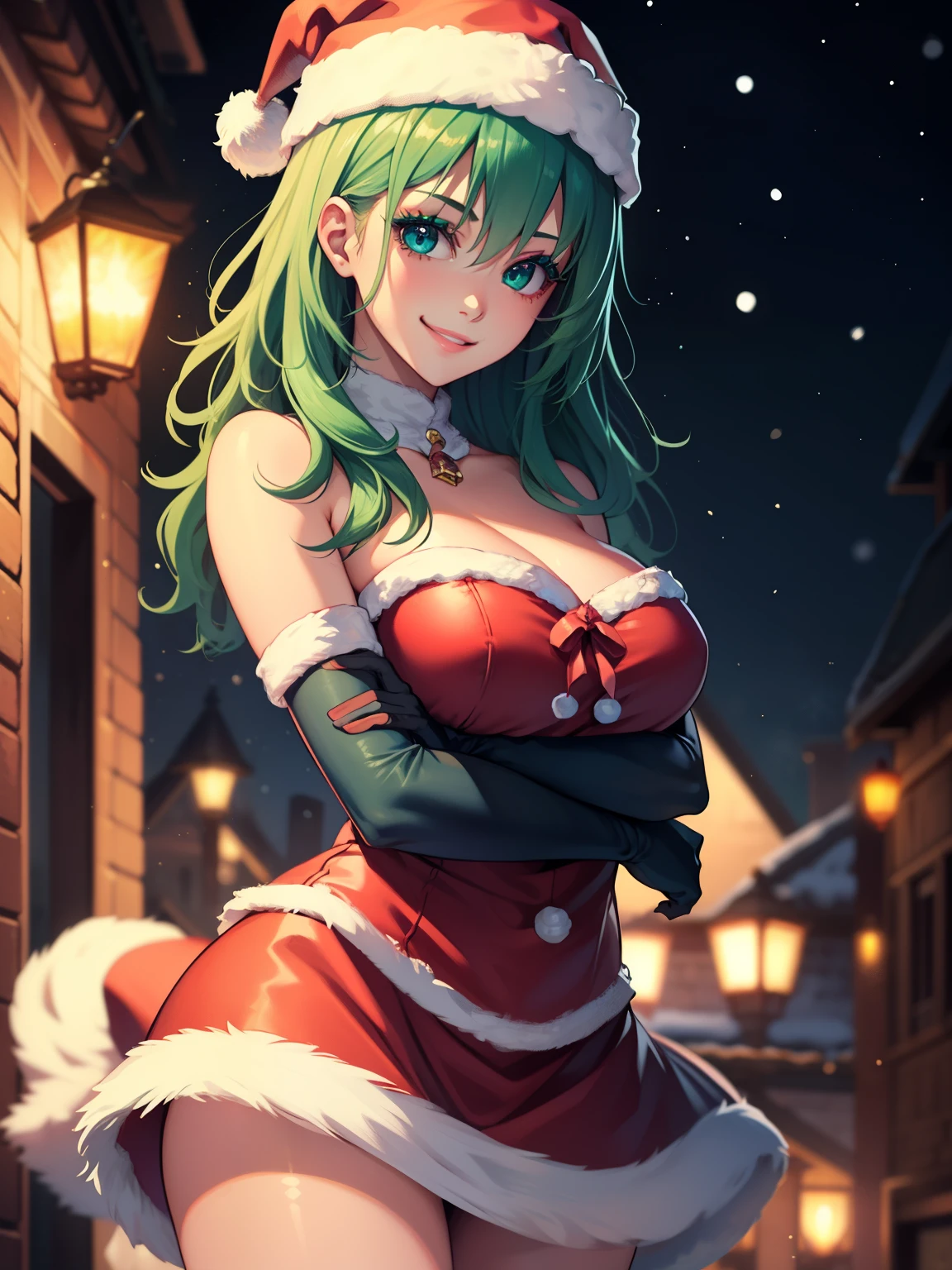 1girl, solo, masterpiece, best quality, high res, highly detailed, (illustration), beautiful detailed eyes, fembyleth, light green hair ,glossy lips, makeup, smile, long white elbow gloves, cowboy shot, (santa), red santa dress, santa hat, strapless dress, white elbow gloves