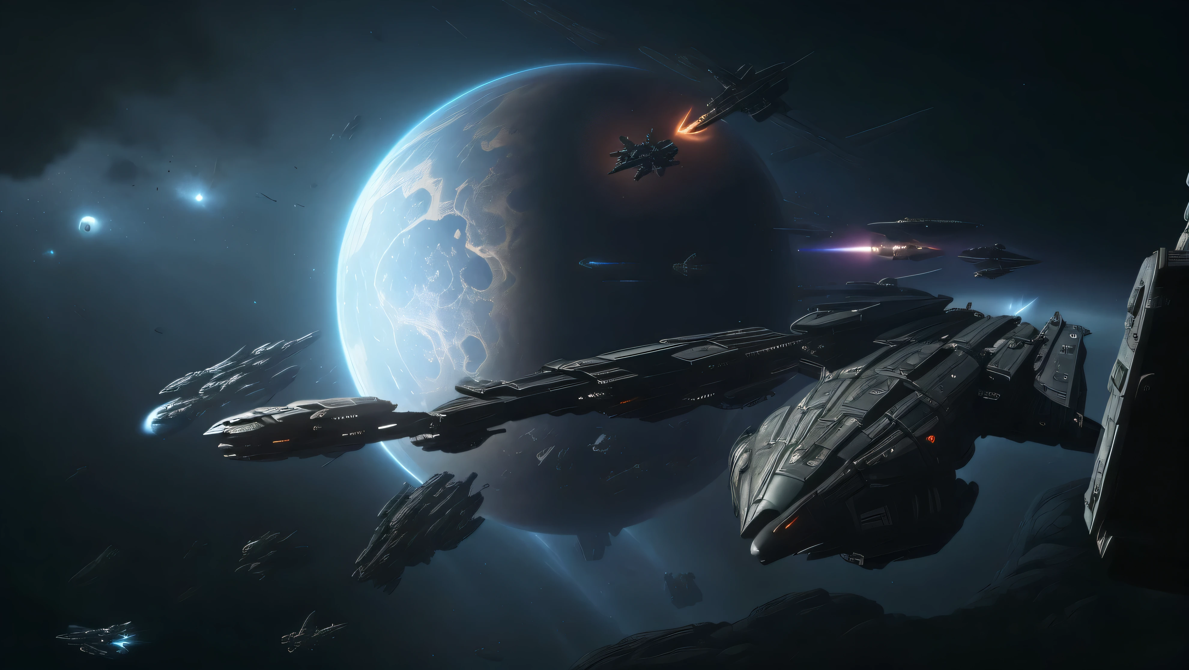 Spaceships and ships in the space station,Planet as background, eve online movie still, Wide angle shot of spaceship battle, depicted as a scifi scene, epic spaceship scene, eve online, An epic space battle, Spaceship in space in ruins, Star Citizen Digital Art, Star Citizen Concept Art, epic beautiful space scifi, dramatic space battles