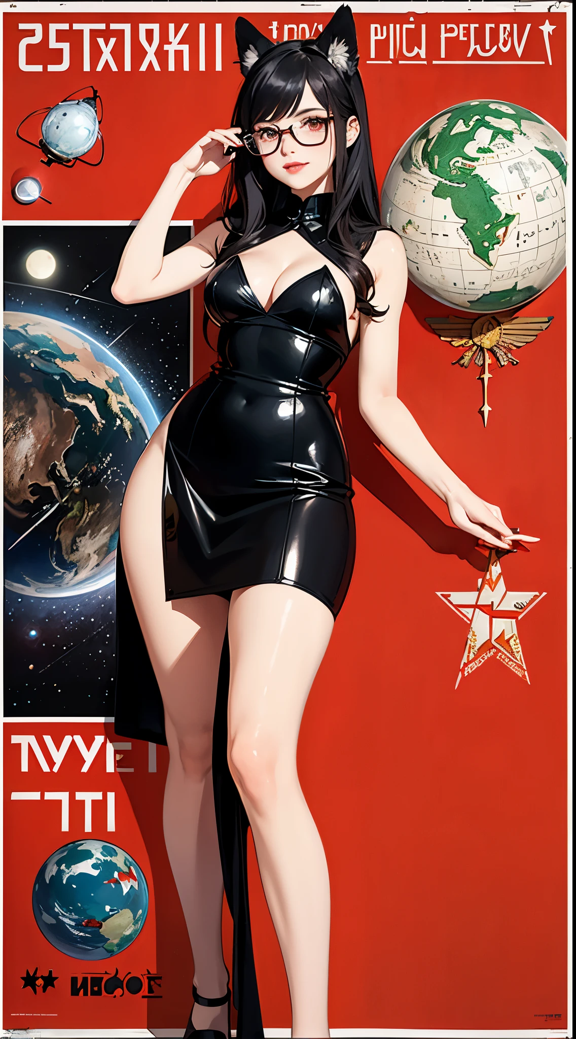 1girl,curvy_breasts, cute, beautiful detailed eyes, shiny hair, visible through hair, hairs between eyes, (Caucasian face, Europe face, eastern Europe girl), (USSR poster), (soviet poster), red monochrome, (soviet, communism, ((PROPAGANDA POSTER))), (black_hair), monster girl, cat girl, cat ears, cat tail, cat texture skin, smiling, (Red_eyes) , ((teenage)), (((furry))), good breasts, ((wearing black formal Business cloth dress)), shoes, glasses, ((the USSR red letters on the poster)), weightlessness, Side light, reflection, The person in the spacesuit is at the bottom left of the frame, The right hand is outstretched, Space station in the upper right corner of the screen, Reflected light from the sun, Silver metal, red flag, (USSR style), diffuse reflection, Metallic texture, ((alien planet background)), (pinup-girl, the sea of star on background), ((effect of old poster))