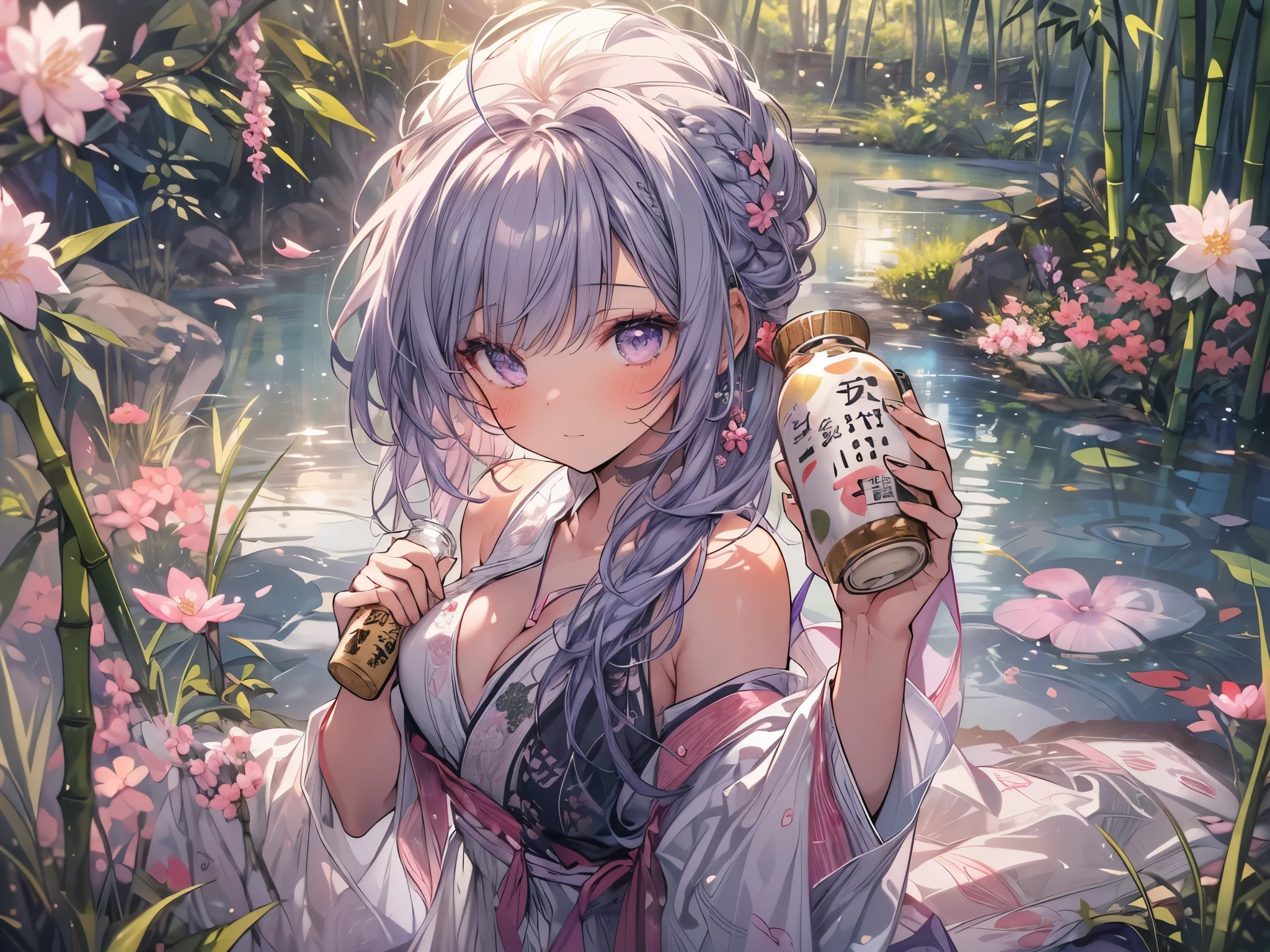 (overhead view), mature woman, 1girl, (masterpiece, best quality, ultra-detailed), sharp focus, detailed face, face focus, extremely detailed eyes, long hair, crown braid, hair over shoulder, (silvery-purple hair:1.3), purple eyes, long eyelashes, (heavy blush, drunk:1.2), delicate makeup, big breasts, ((pink and white intricate dress, bare shoulders, cleavage)), ((twilight, holding sake bottle in one hand, bamboo shoots background, grass, green particles surrounds, tranquil pond, cherry blossom backdrop, breeze)), cinematic lighting, rim lightning, ray tracing, shadowing, dynamic angle