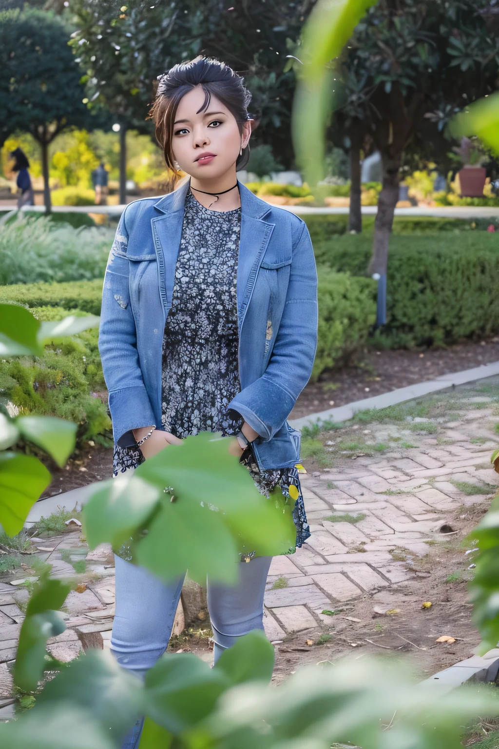 there is a woman standing in a park with a jacket on, full body photogenic shot, !! low contrast!!, mid shot portrait, with a cool pose, profile image, 🤬 🤮 💕 🎀, in a park, evening time, photo portrait, portait image, shot on nikon z9, against the backdrop of trees, standing in a botanical garden