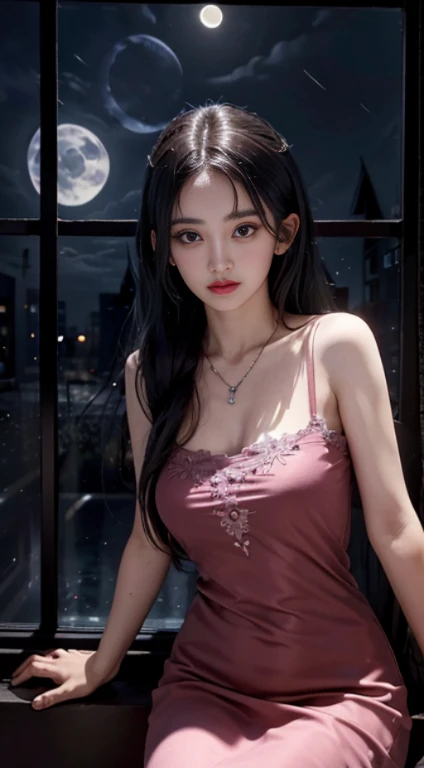 Satanic、despair、Devastation、natural disaster、middle ages、Red full moon、Woman looking up to the sky and shedding tears、Place your hand on your chest、Sad look、Light makeup、Fluffy camisole
